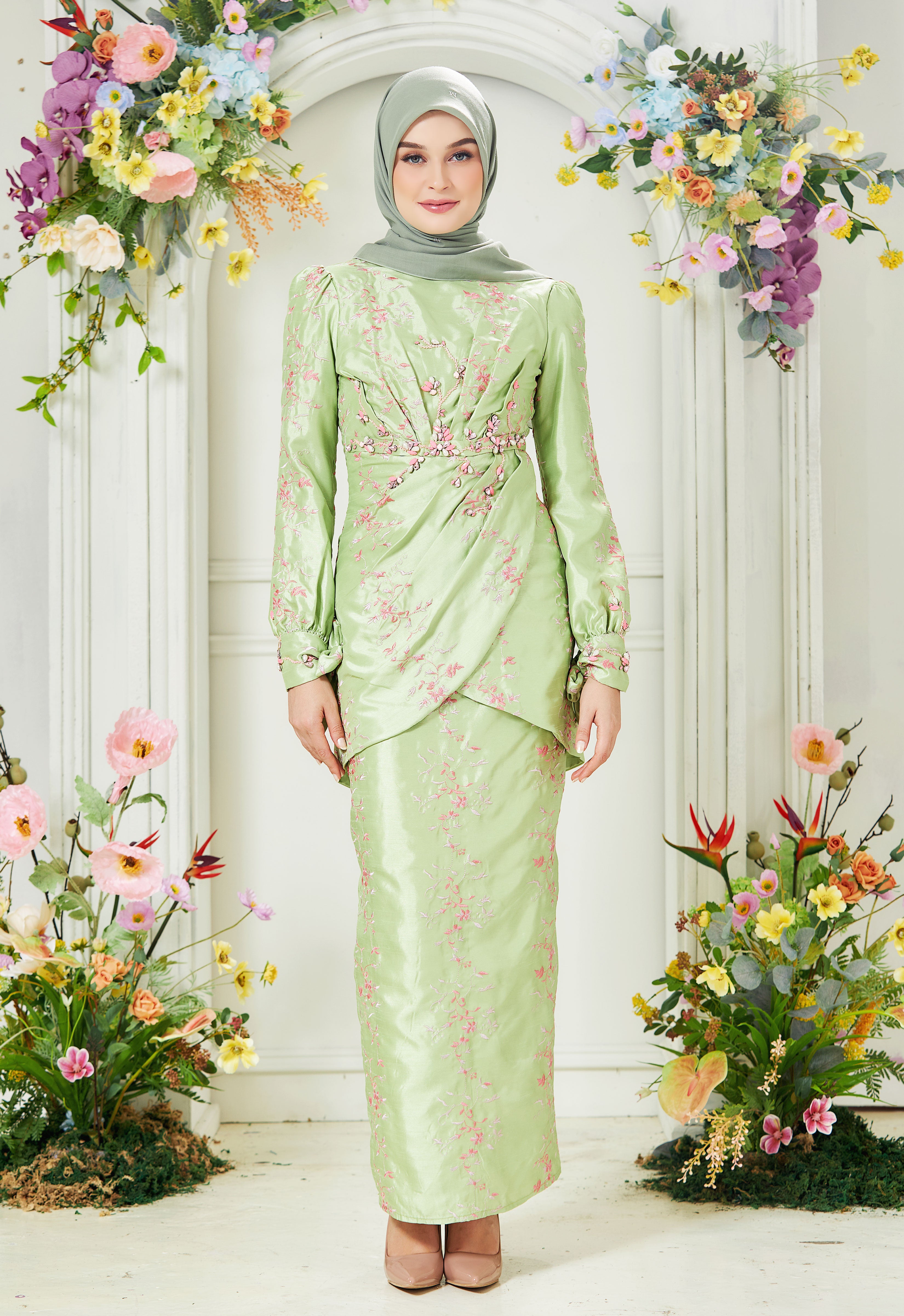 RABECCA LUXE DRAPPED KURUNG - GREEN PINK