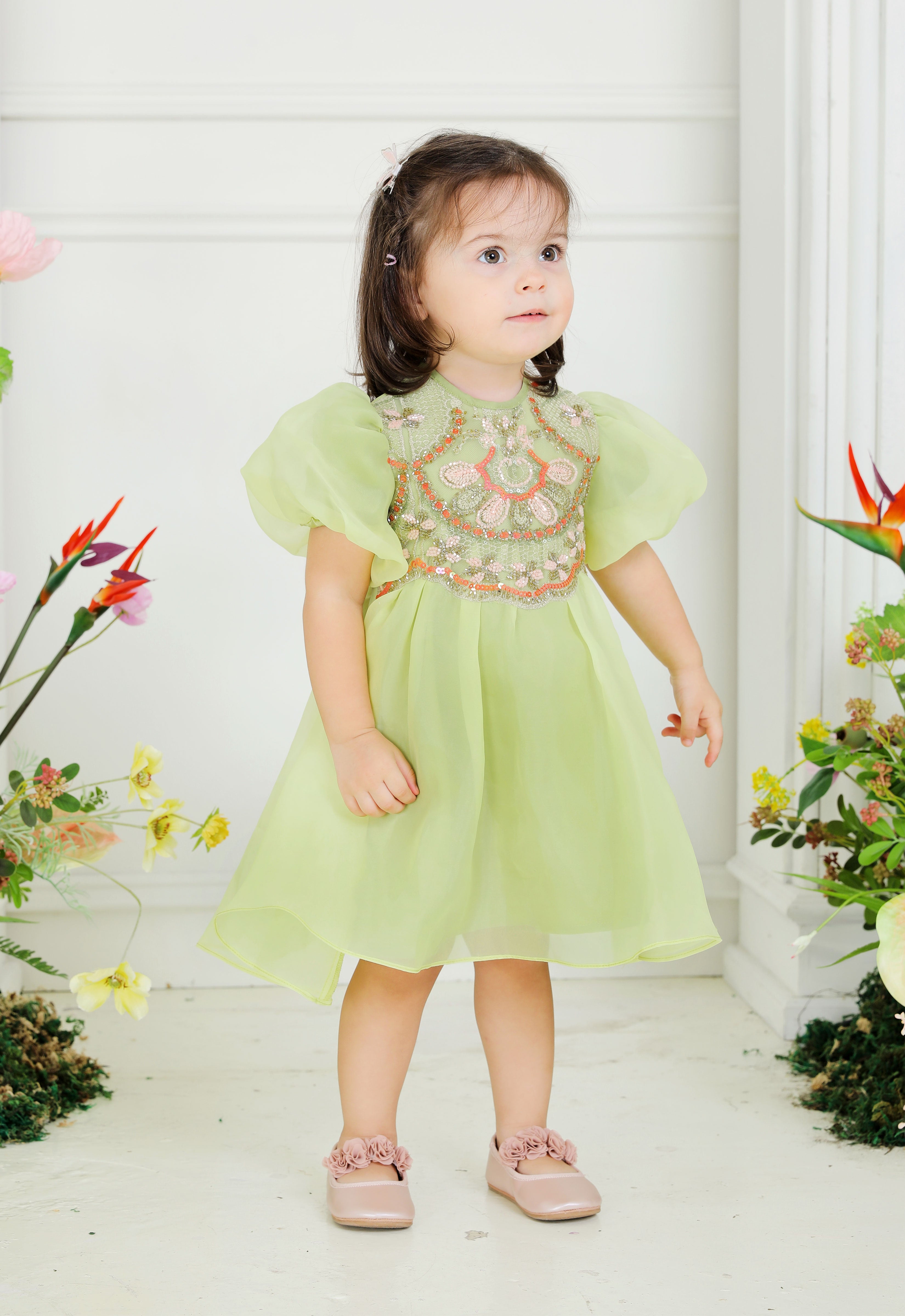 NOURA SUPER LUXE BABY DRESS - MOSS GREEN