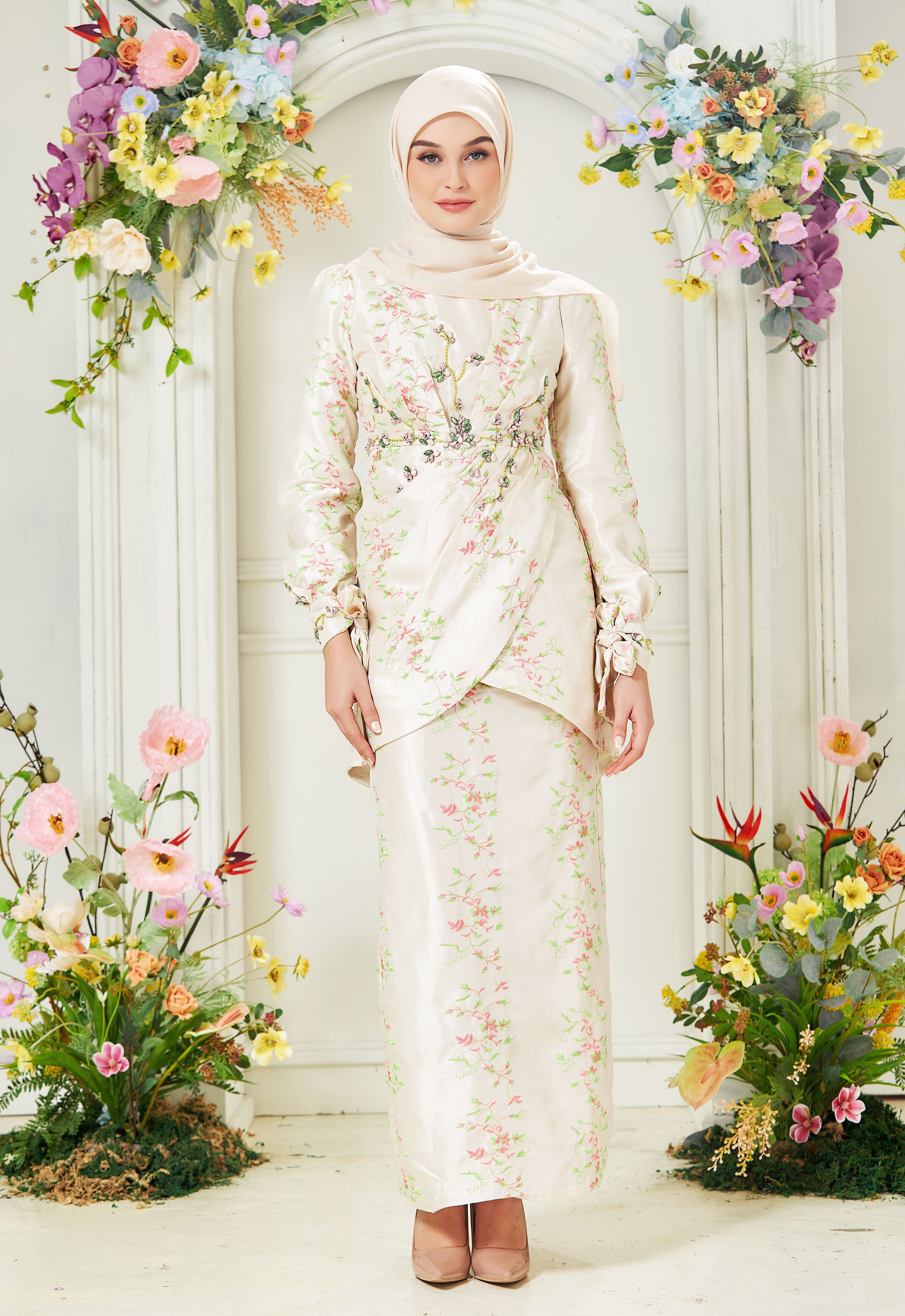 RABECCA LUXE DRAPPED KURUNG - CREAM PINK
