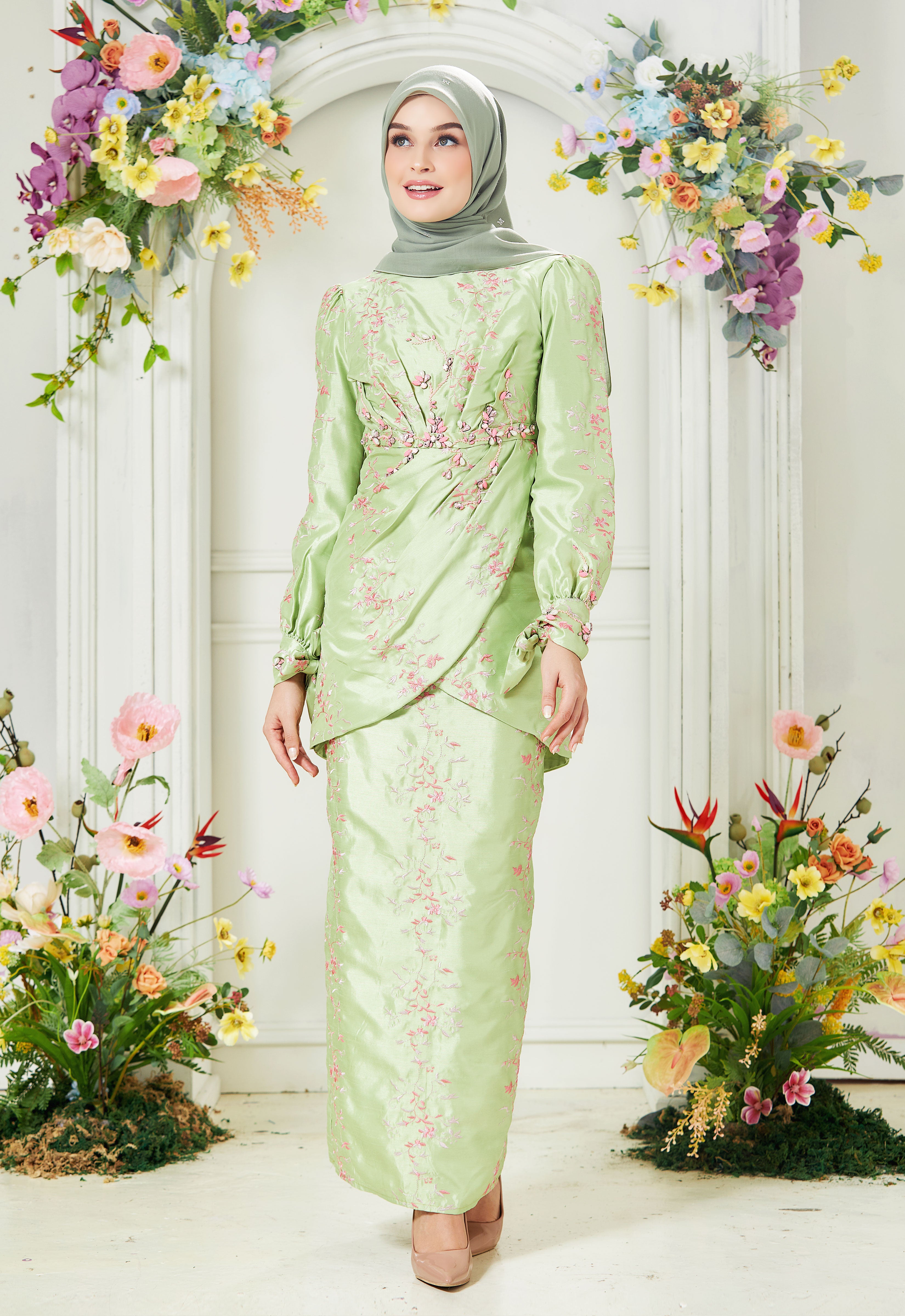 RABECCA LUXE DRAPPED KURUNG - GREEN PINK