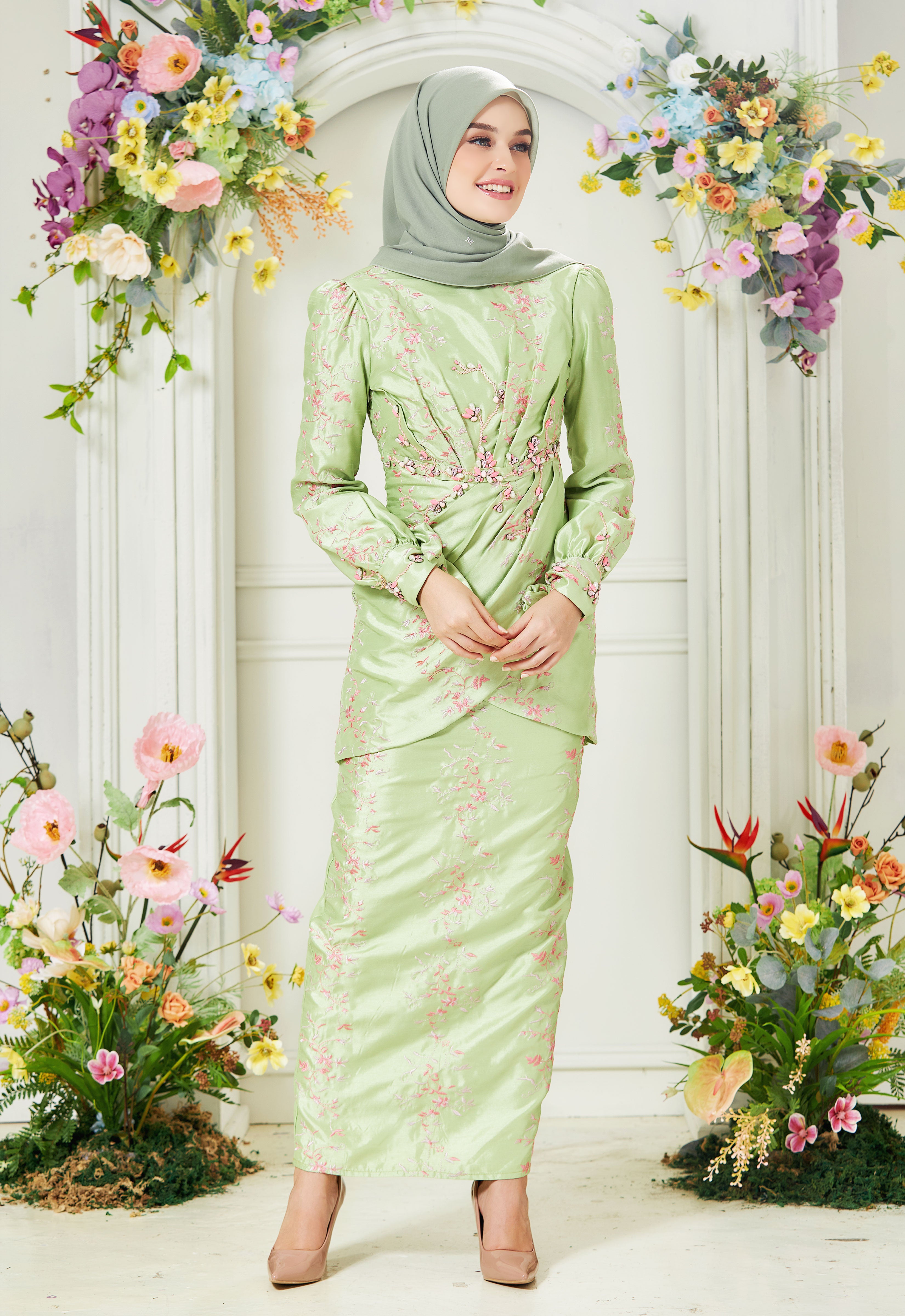 RABECCA LUXE DRAPPED KURUNG - GREEN PINK