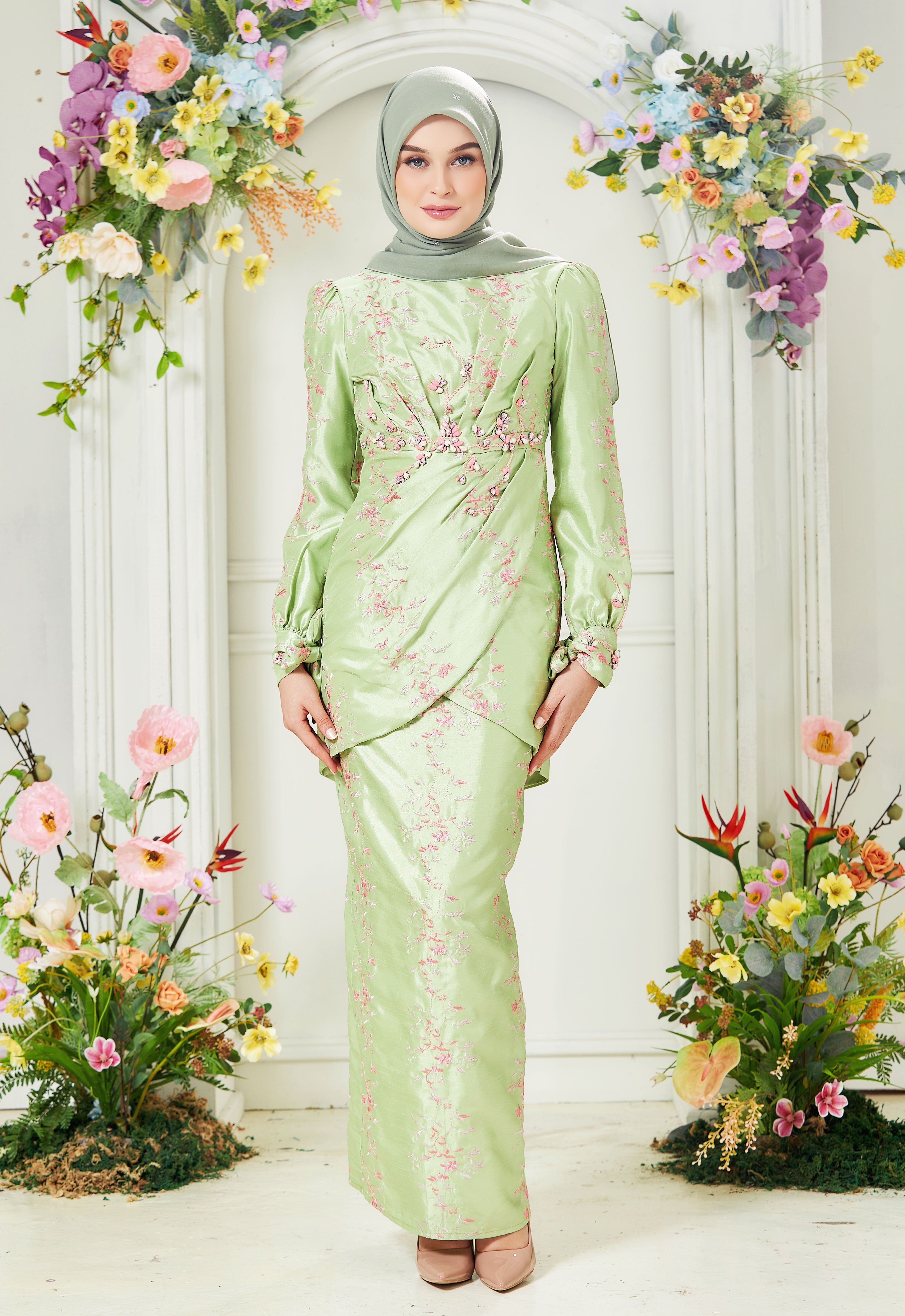 RABECCA LUXE DRAPPED KURUNG - GREEN PINK