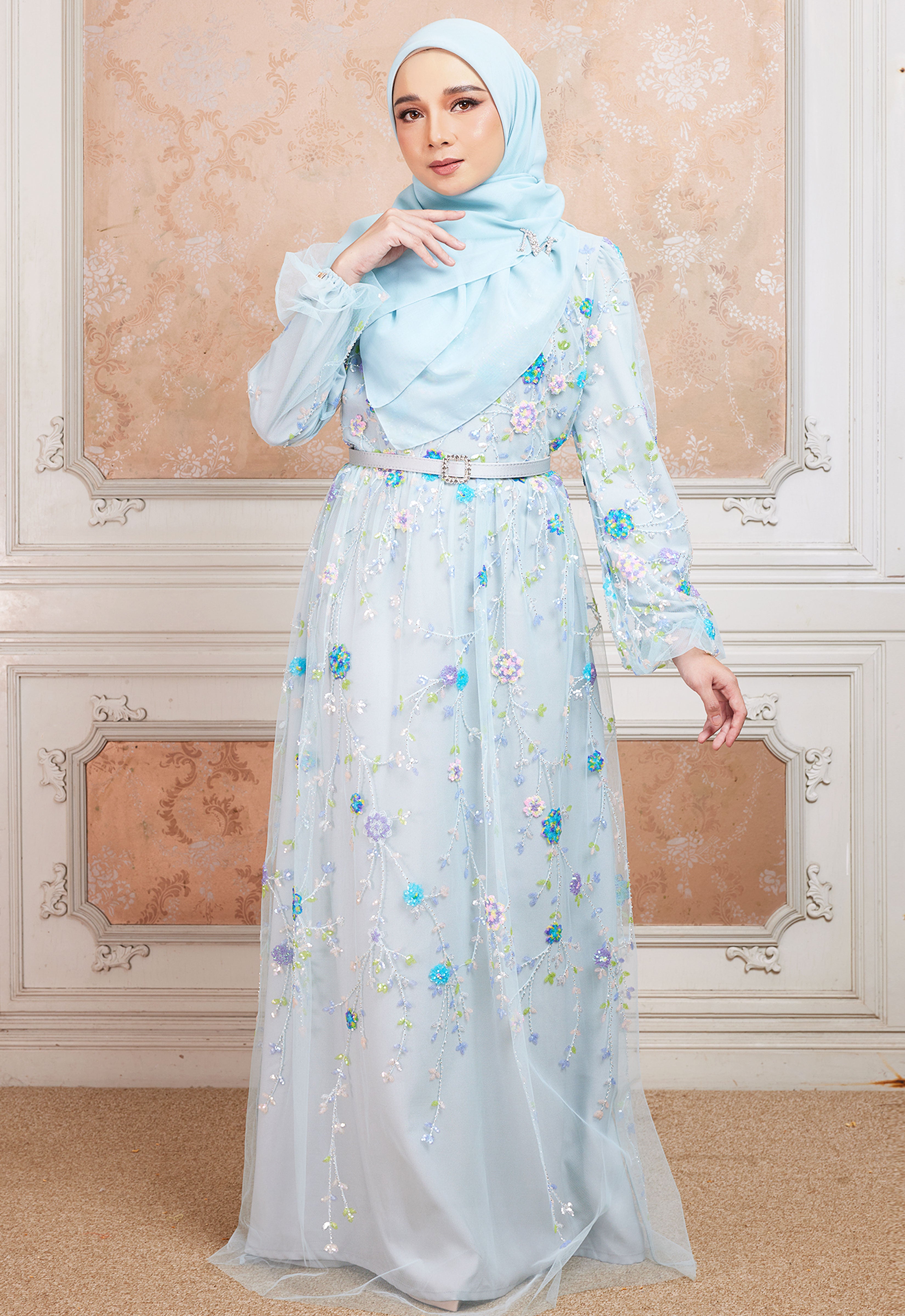 GAUN MAWAR SUPER LUXE - BIRU MUDA