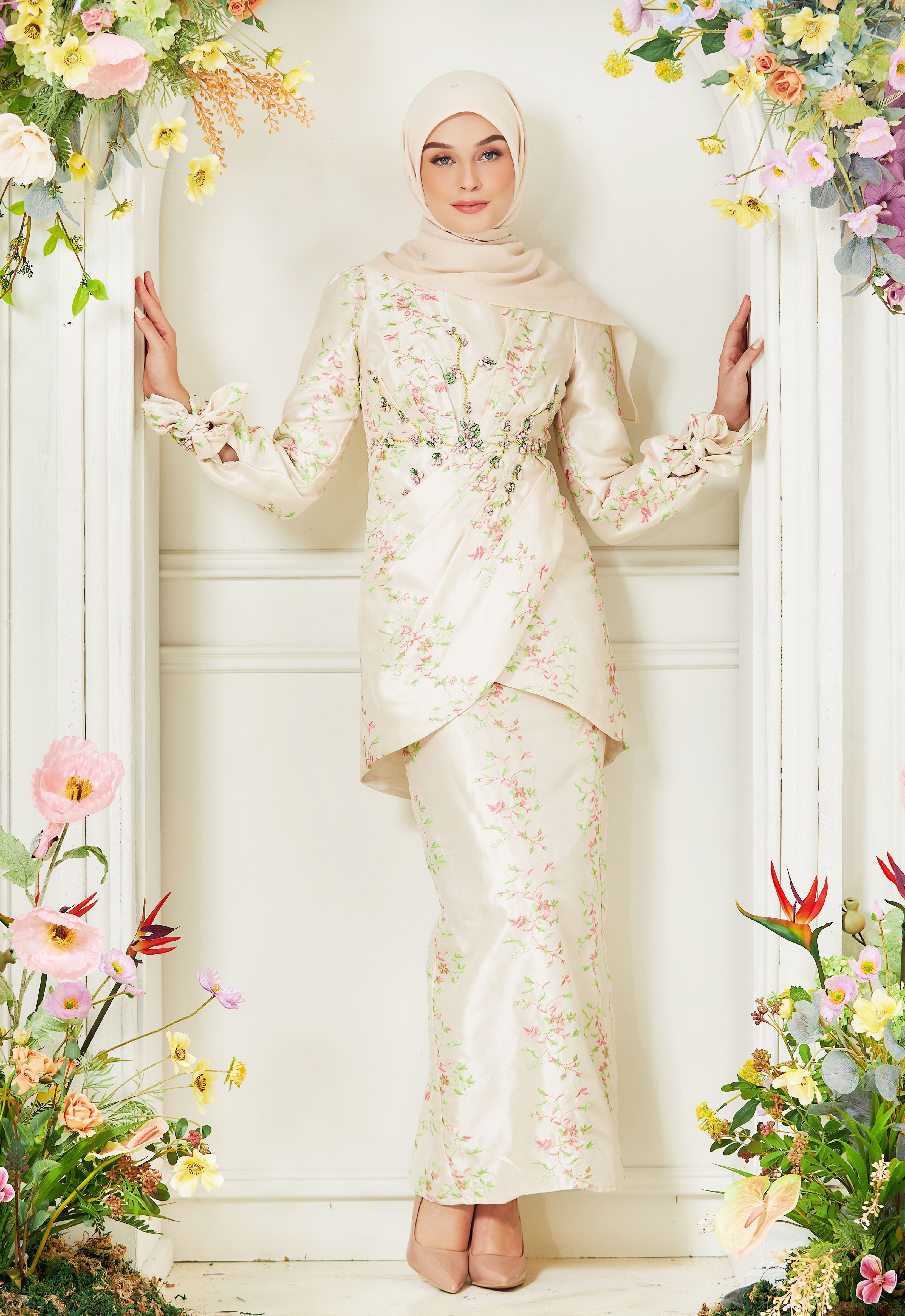 RABECCA LUXE DRAPPED KURUNG - CREAM PINK