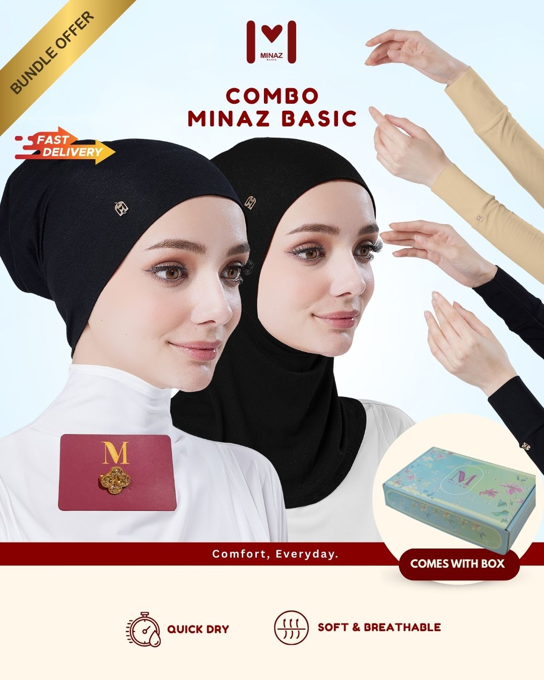 COMBO MINAZ BASIC | Tiara Snowcap, Tiara Innerneck Ninja, Nadi Handsock, Small Pin Brooch & Random Gift Box