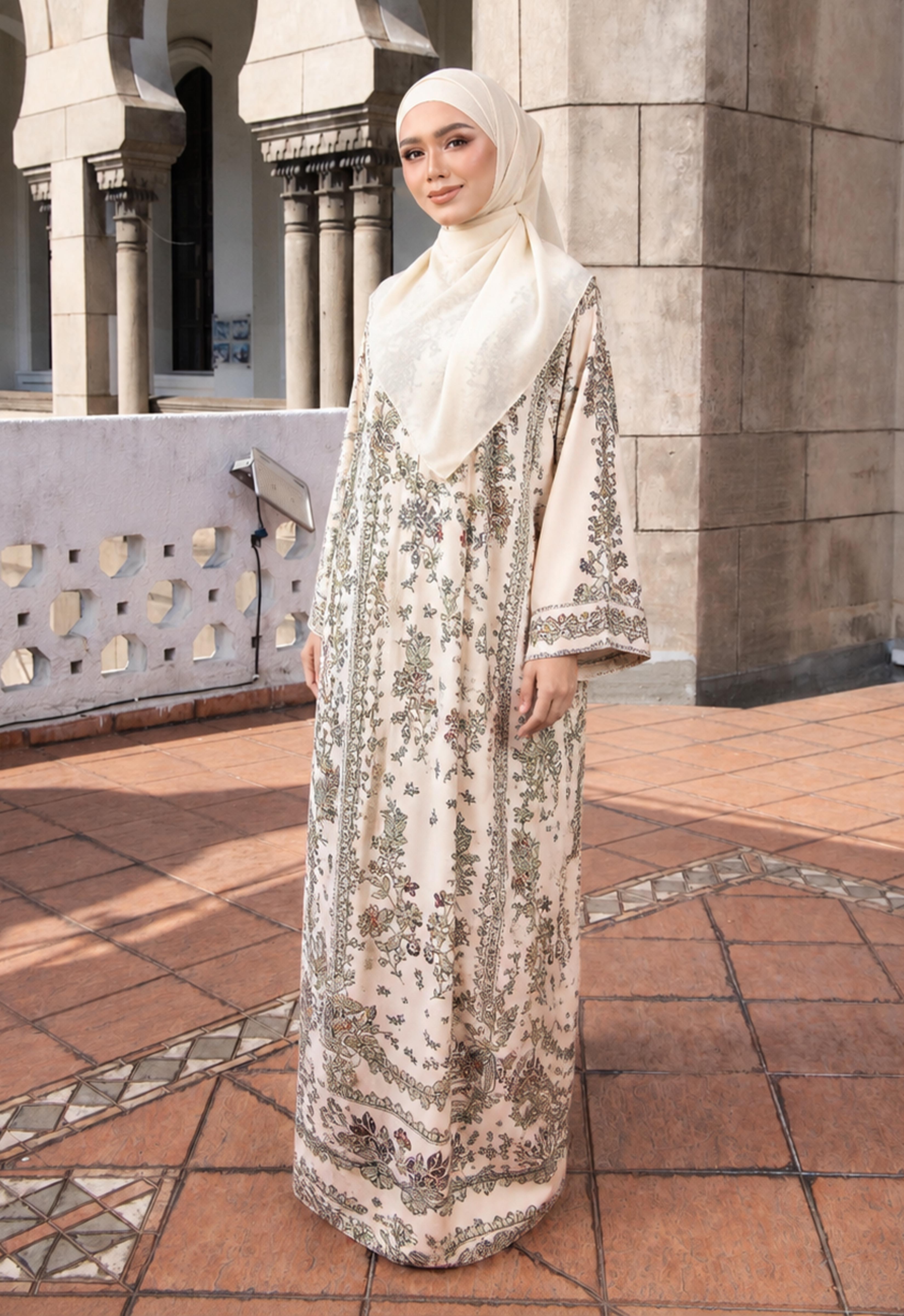 MINAZ JALABIYA | ARISHA PRINTED JALABIYA - BEIGE