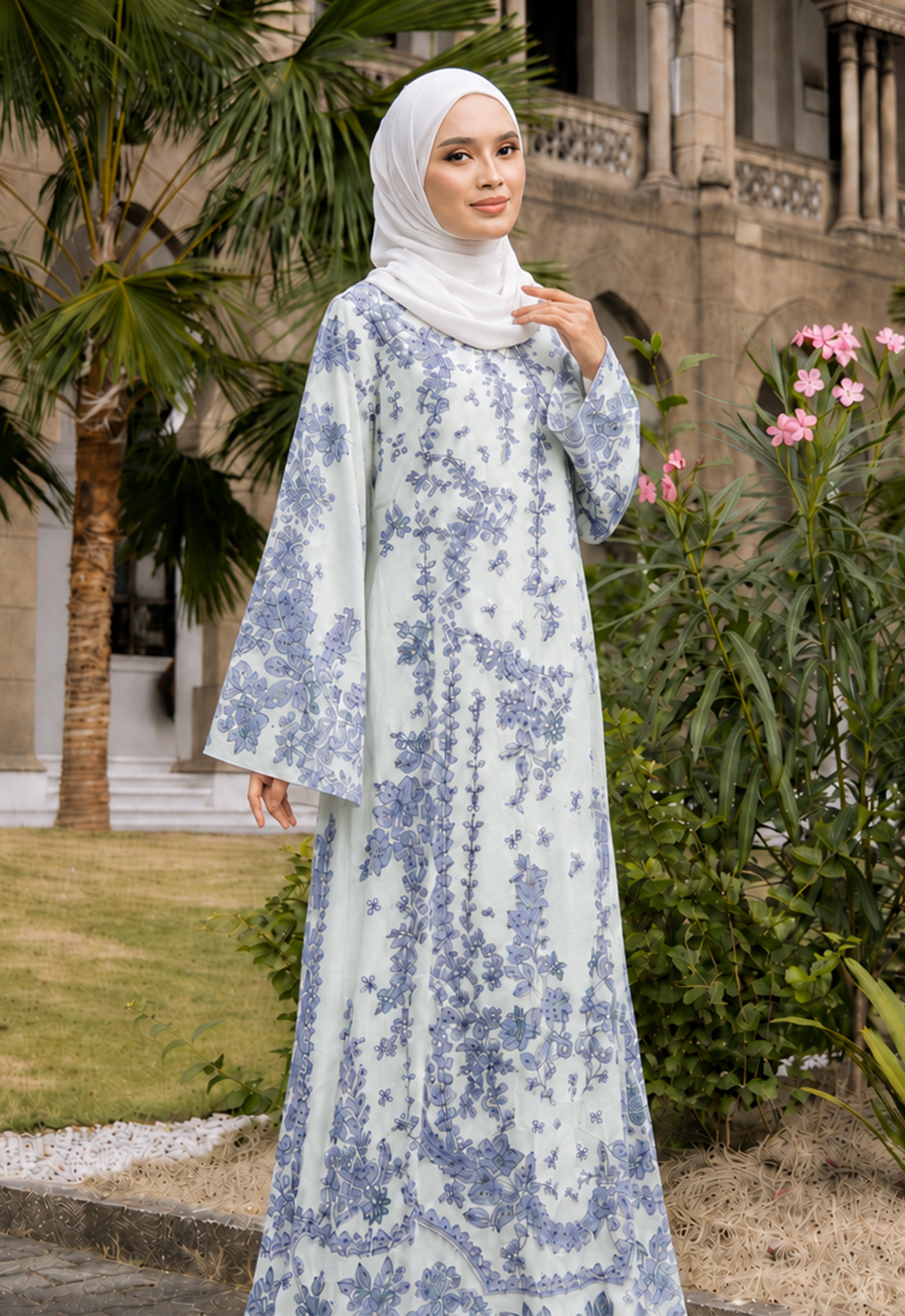 MINAZ JALABIYA | ARISHA PRINTED JALABIYA - BLUE WHITE