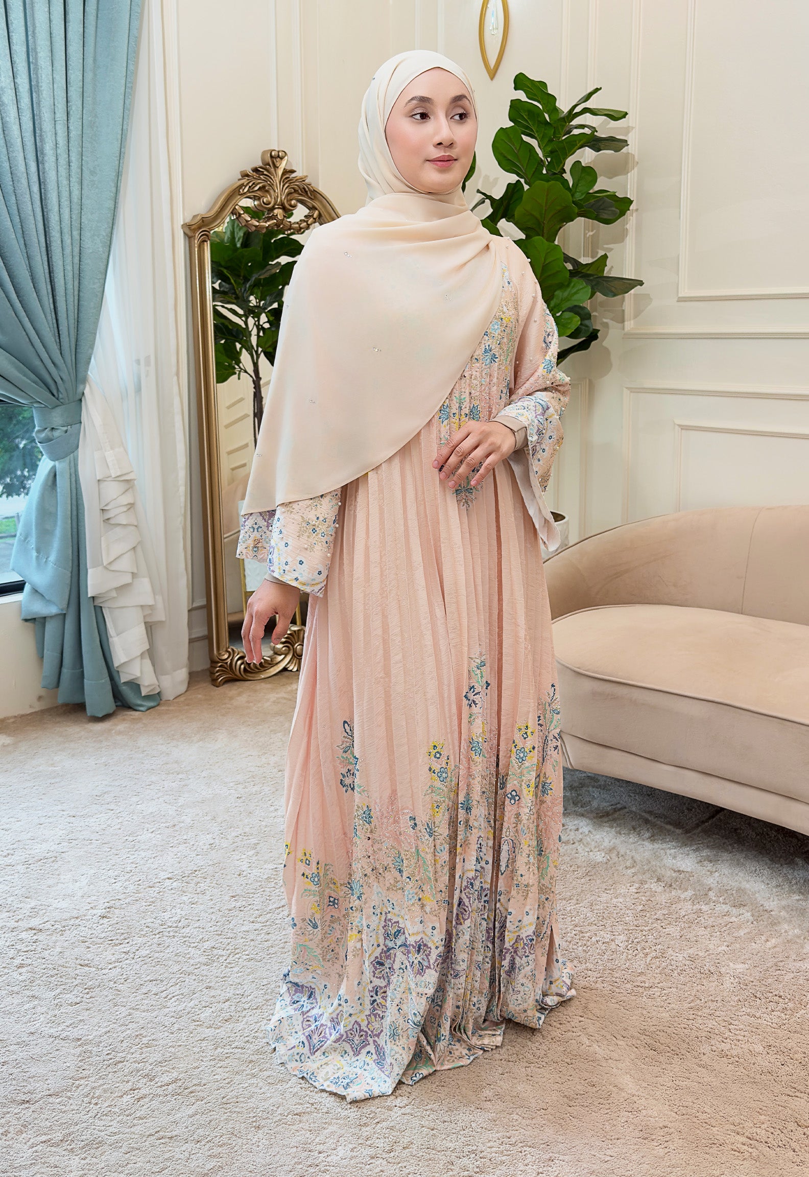 CAMILA JALABIYA PLEATED PRINTED - PEACHY