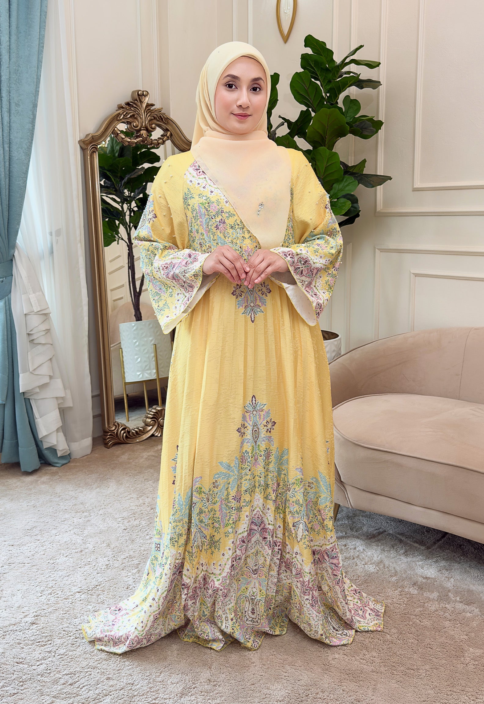 CAMILA JALABIYA PLEATED PRINTED - YELLOW
