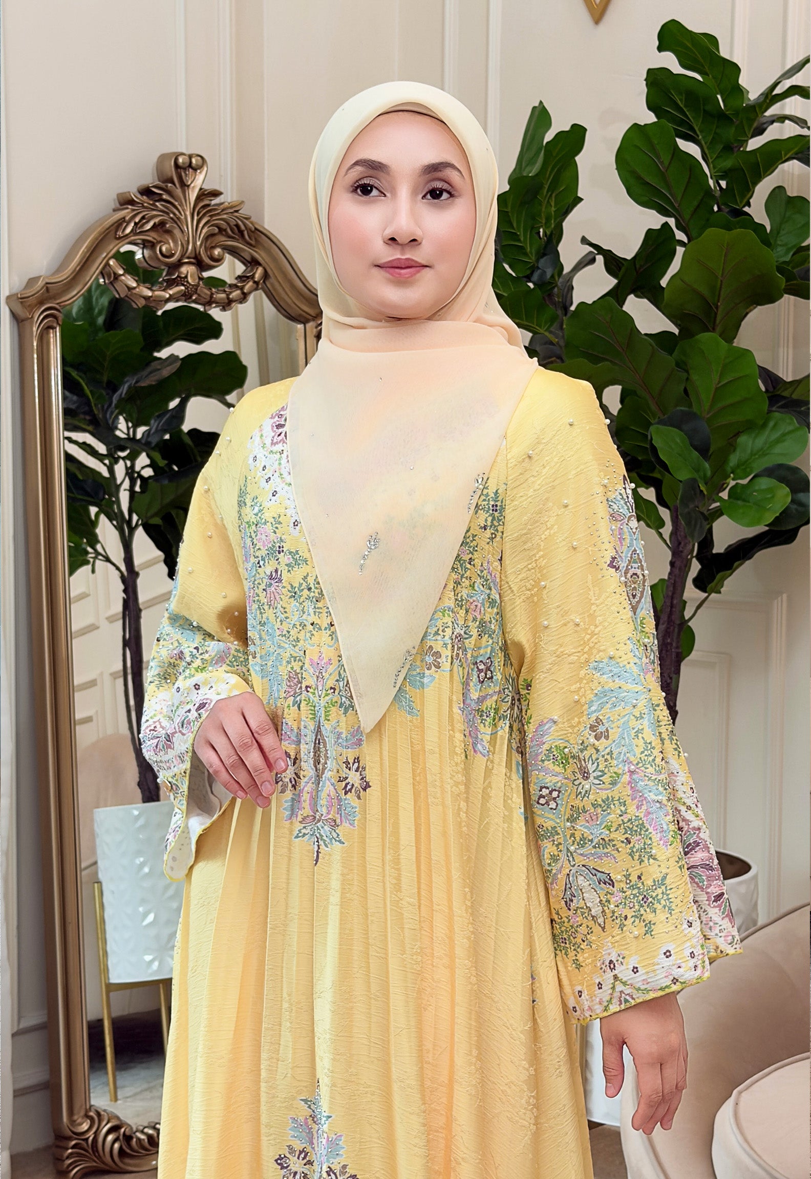 CAMILA JALABIYA PLEATED PRINTED - YELLOW