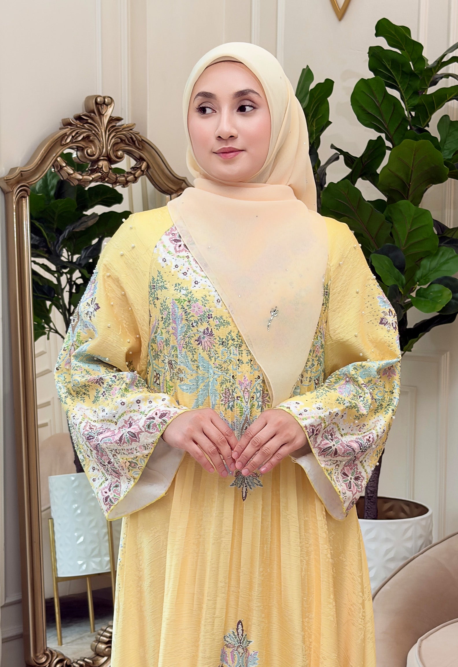 CAMILA JALABIYA PLEATED PRINTED - YELLOW