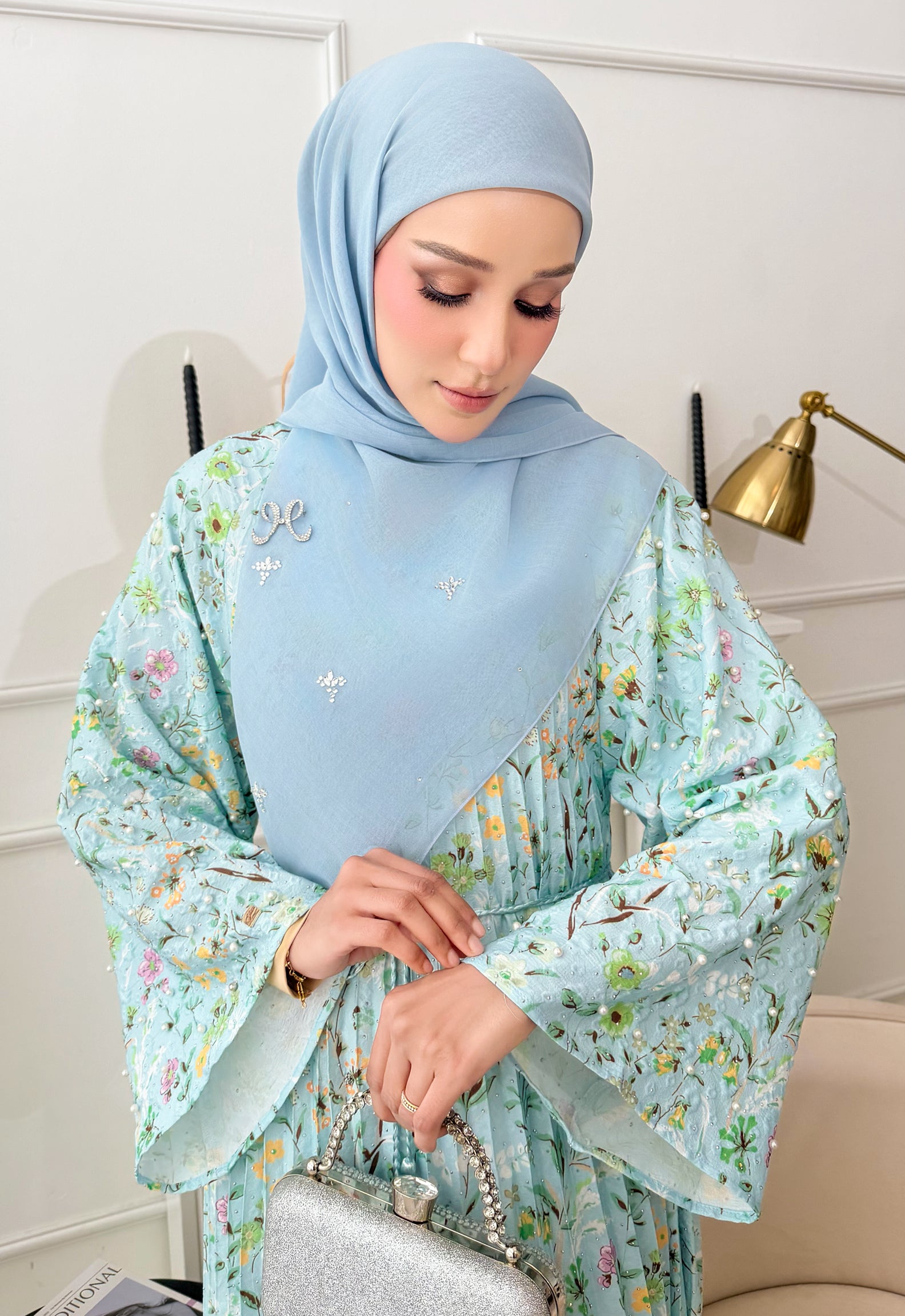 JASMINE JALABIYA PLEATED PRINTED - BLUE