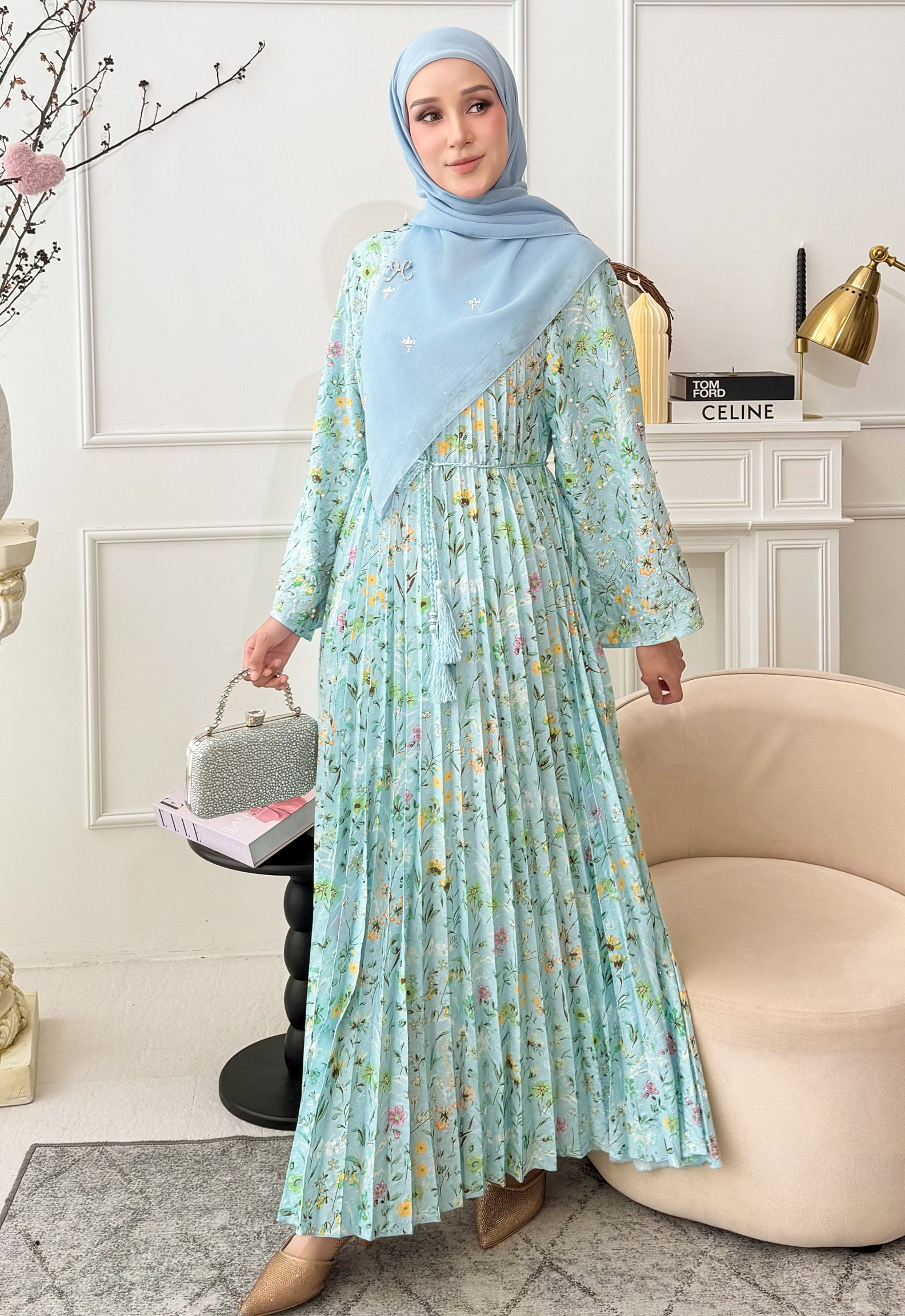 JASMINE JALABIYA PLEATED PRINTED - BLUE