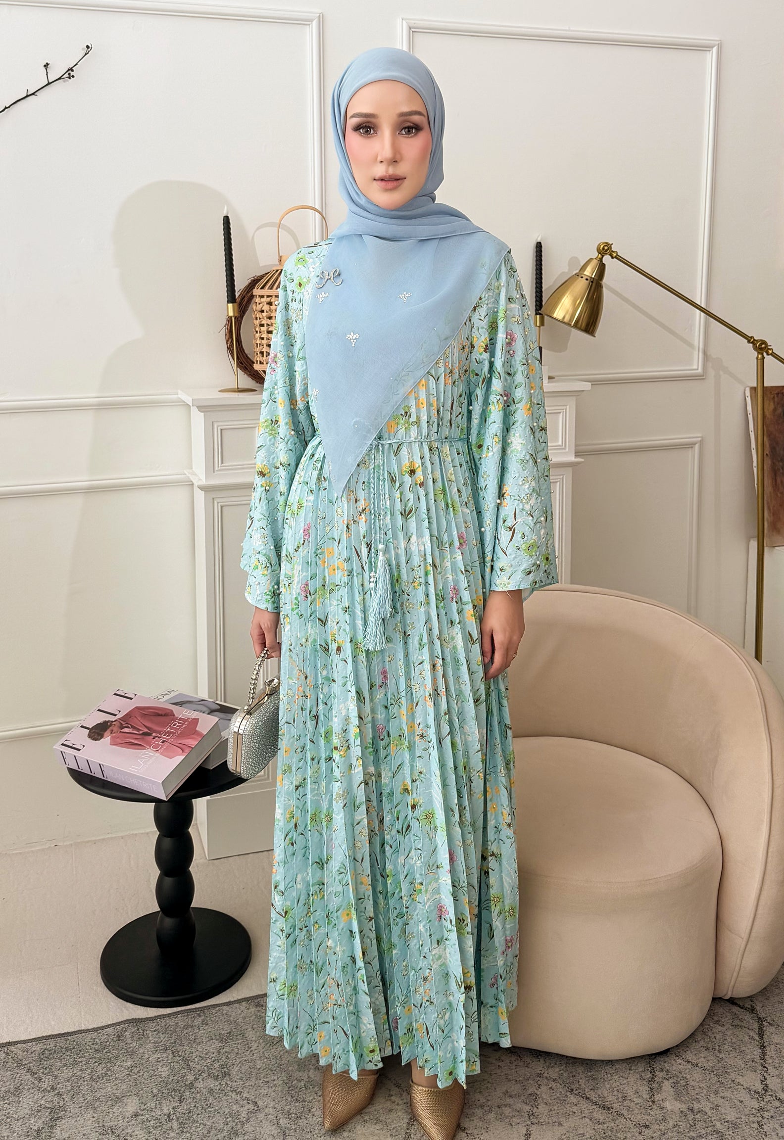 JASMINE JALABIYA PLEATED PRINTED - BLUE