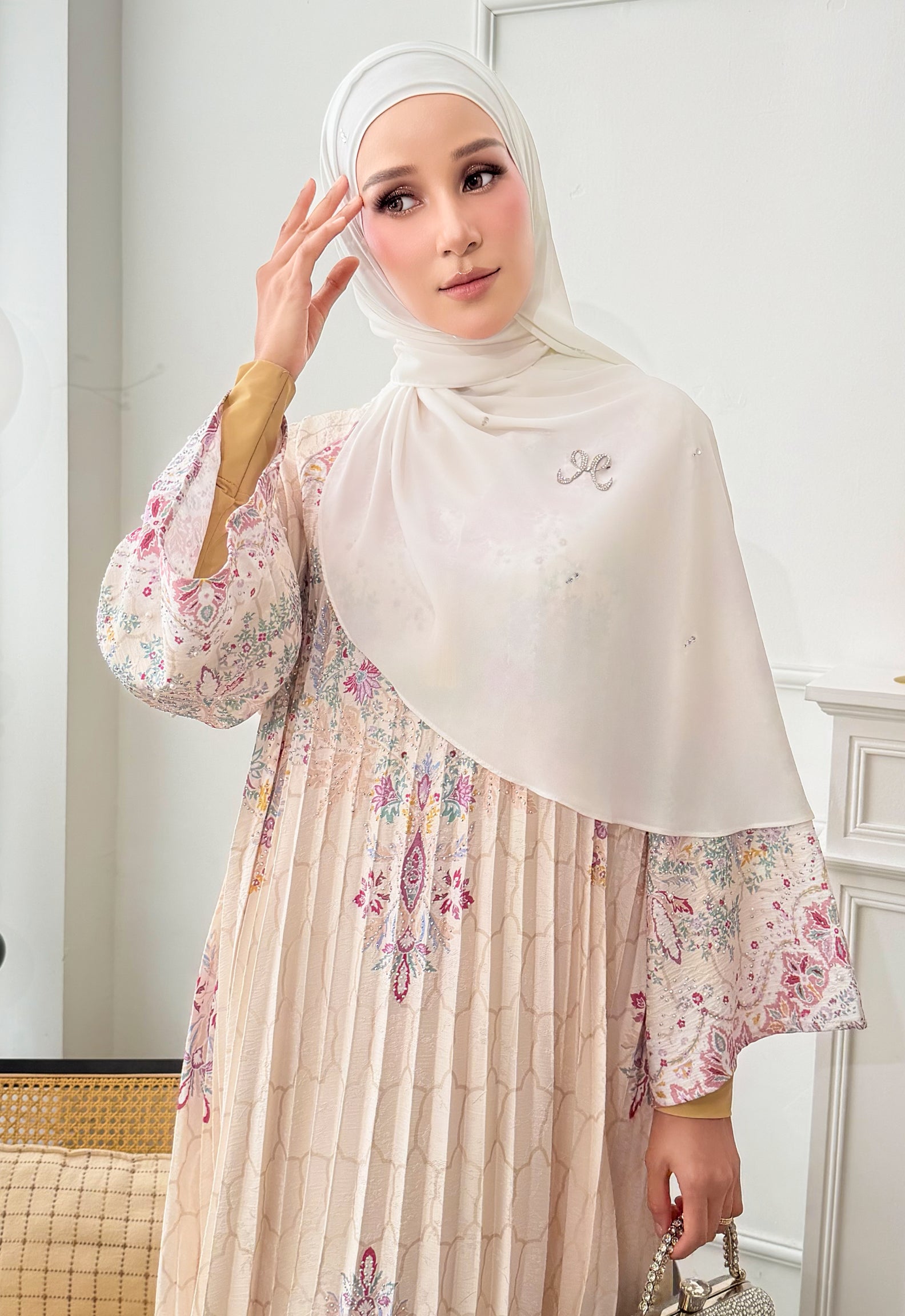 DANEEN JALABIYA PLEATED PRINTED - BEIGE