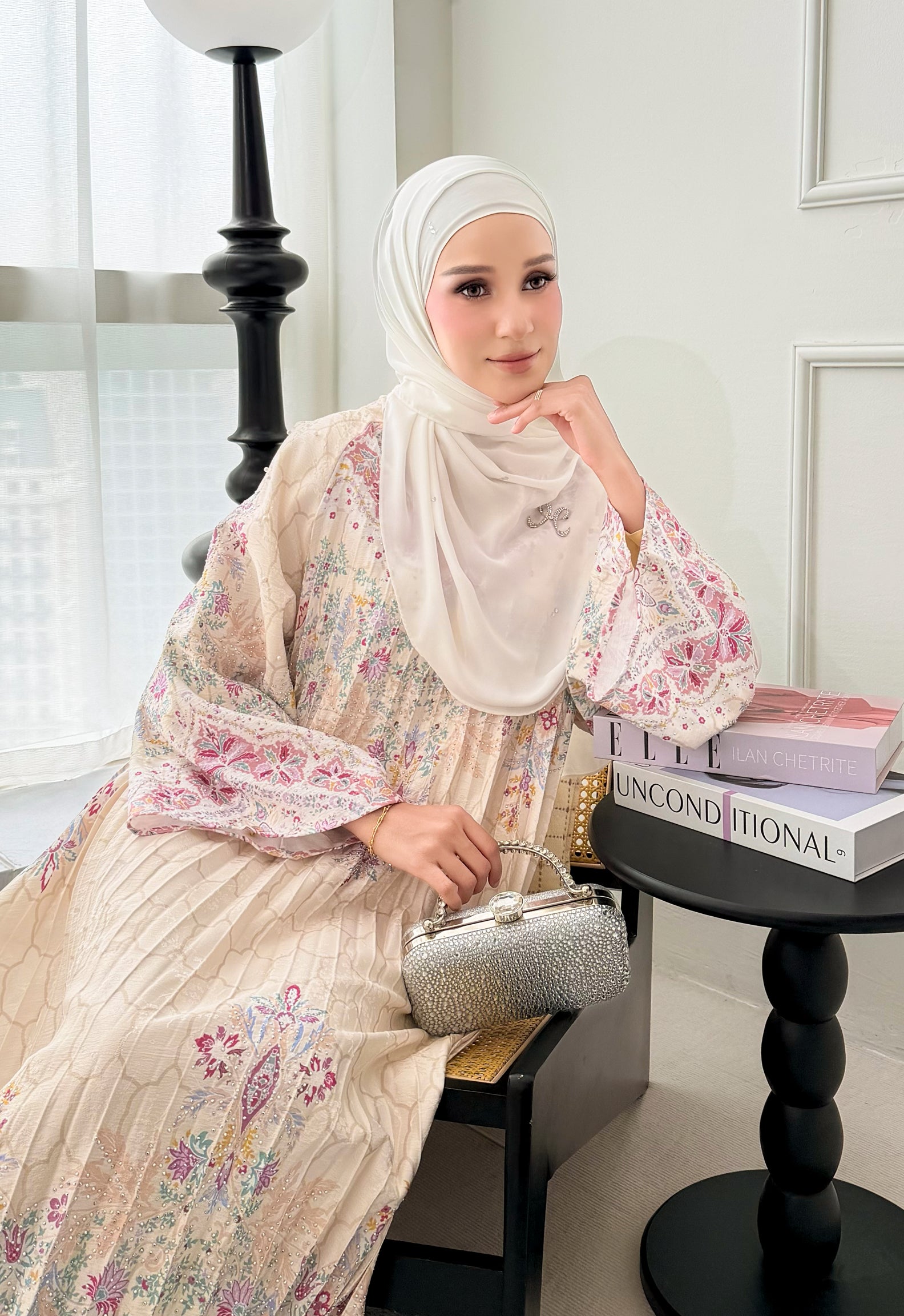 DANEEN JALABIYA PLEATED PRINTED - BEIGE