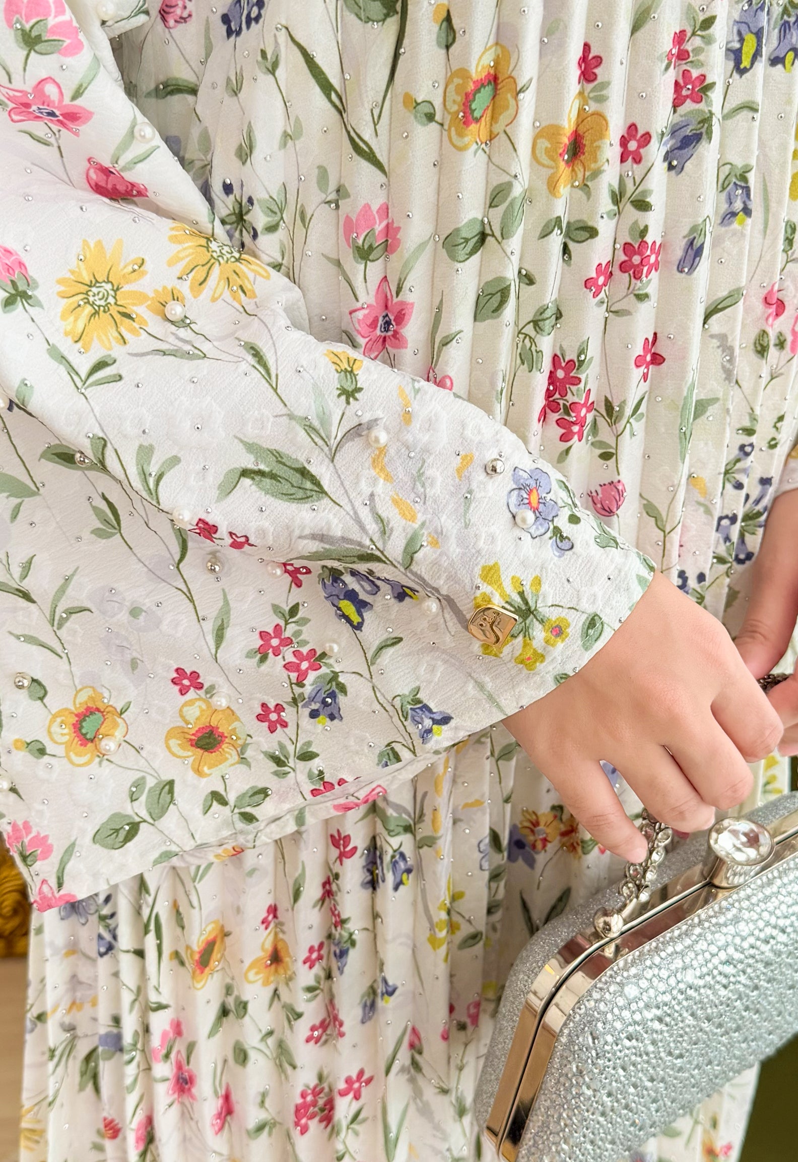 JASMINE JALABIYA PLEATED PRINTED - WHITE