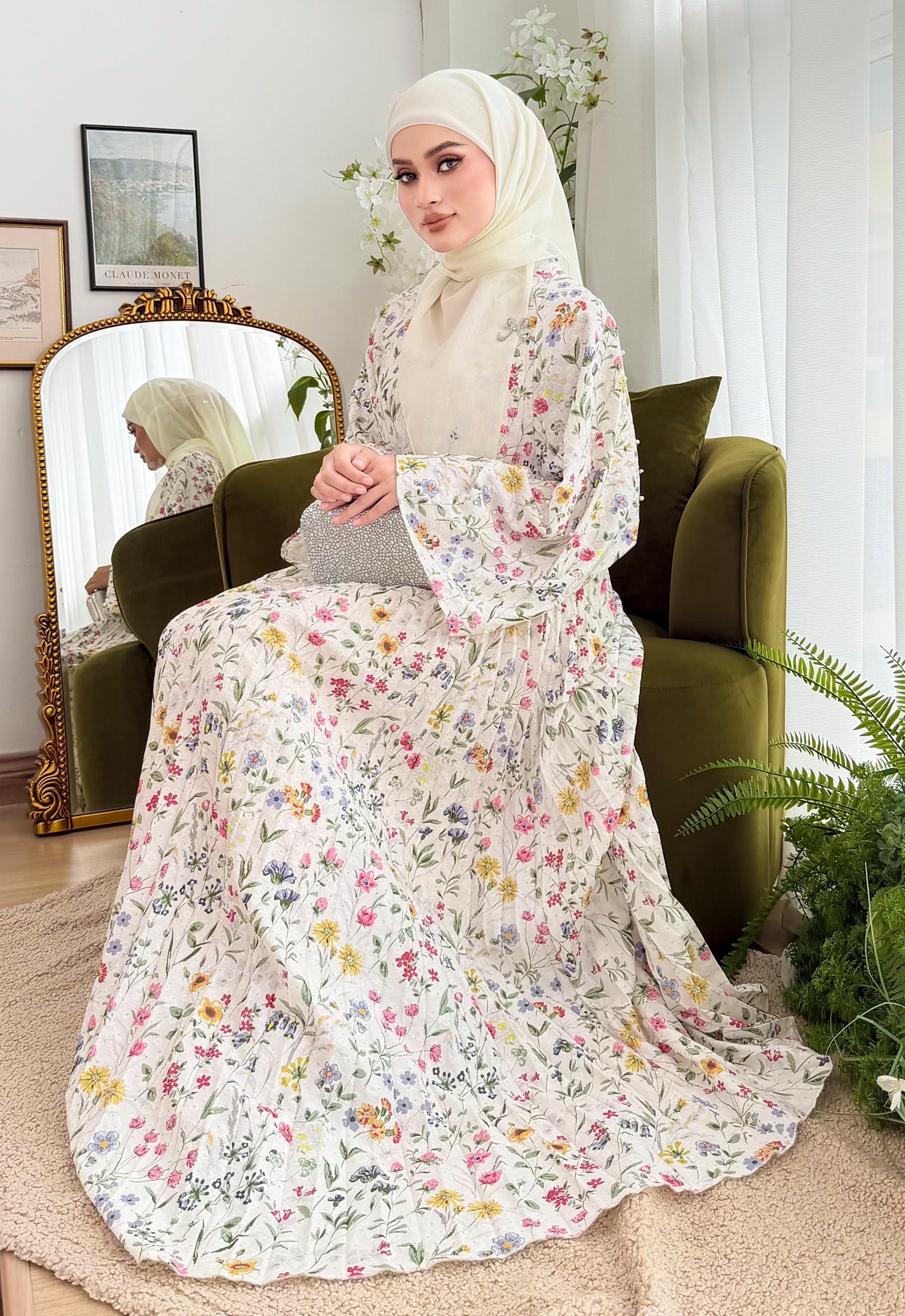 JASMINE JALABIYA PLEATED PRINTED - WHITE