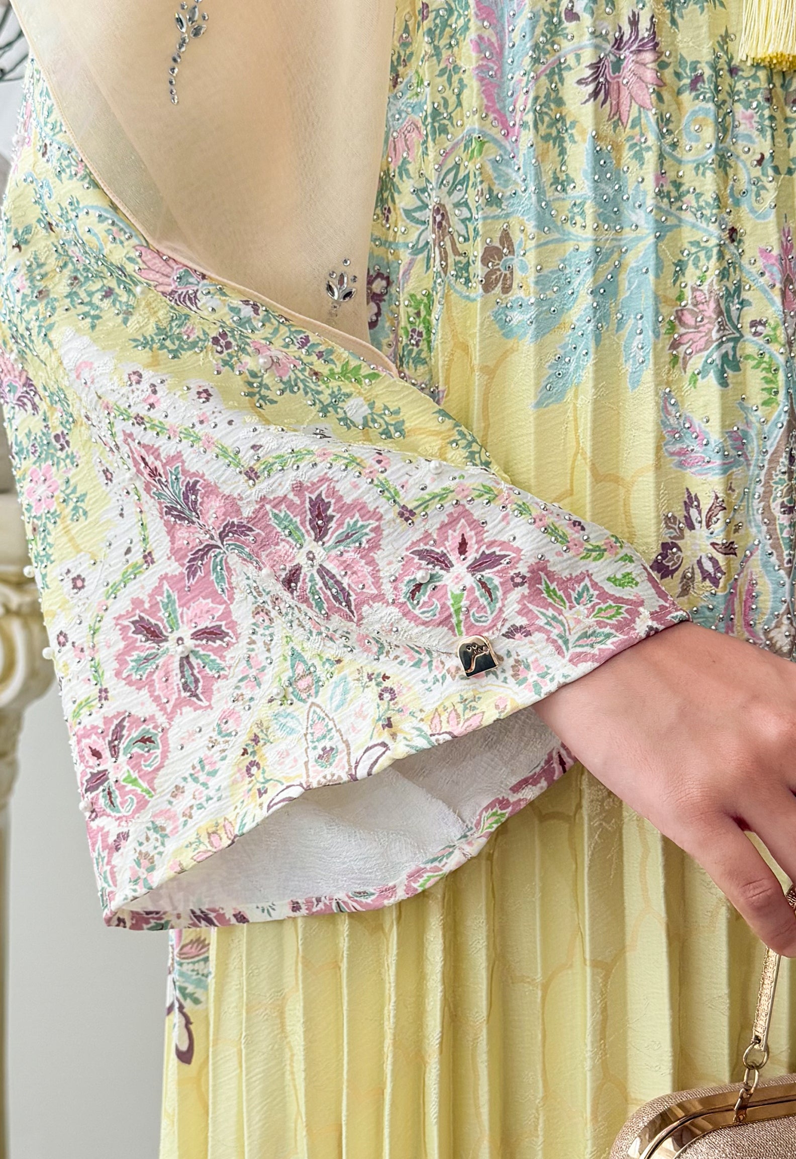 DANEEN JALABIYA PLEATED PRINTED - YELLOW