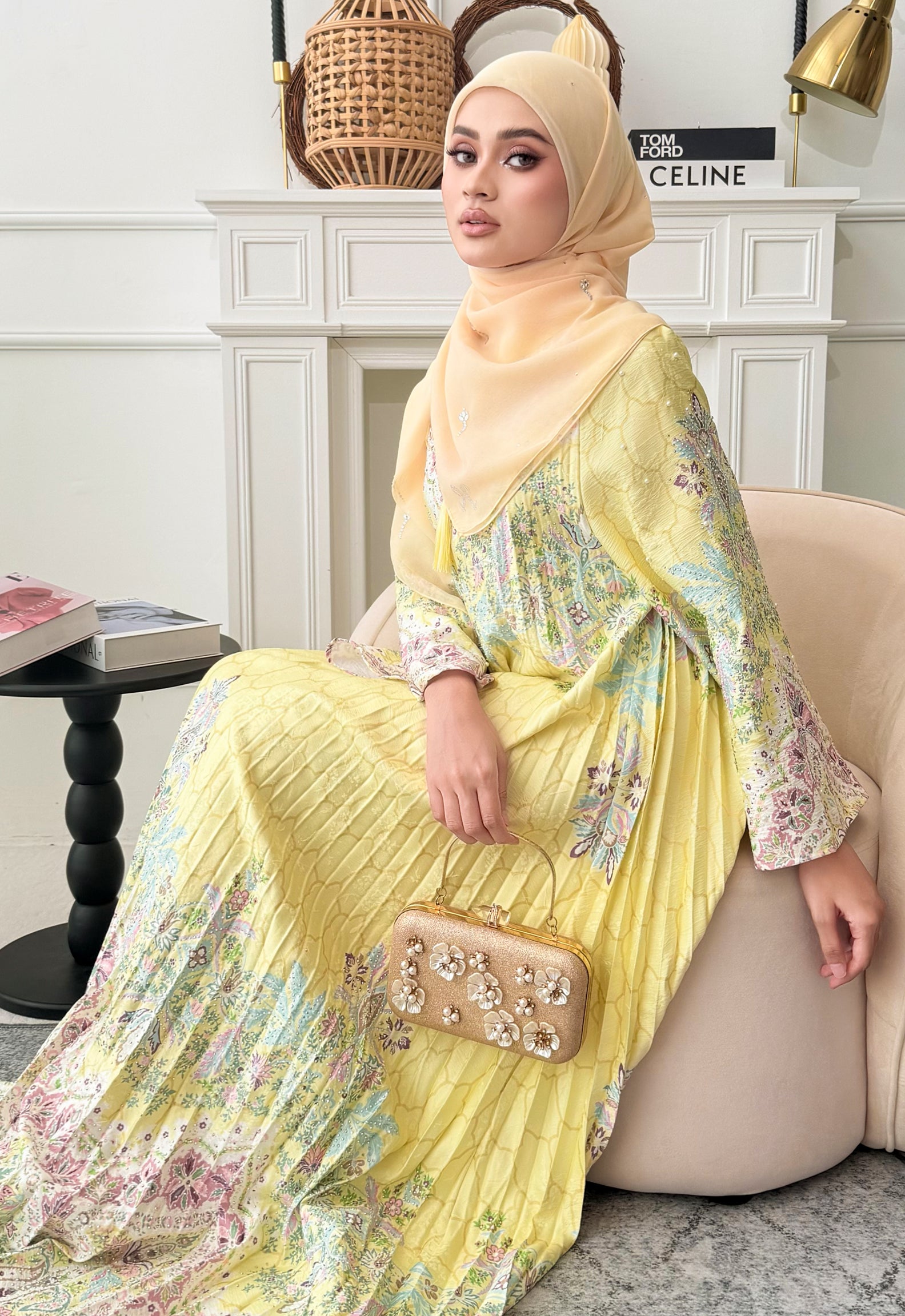 DANEEN JALABIYA PLEATED PRINTED - YELLOW