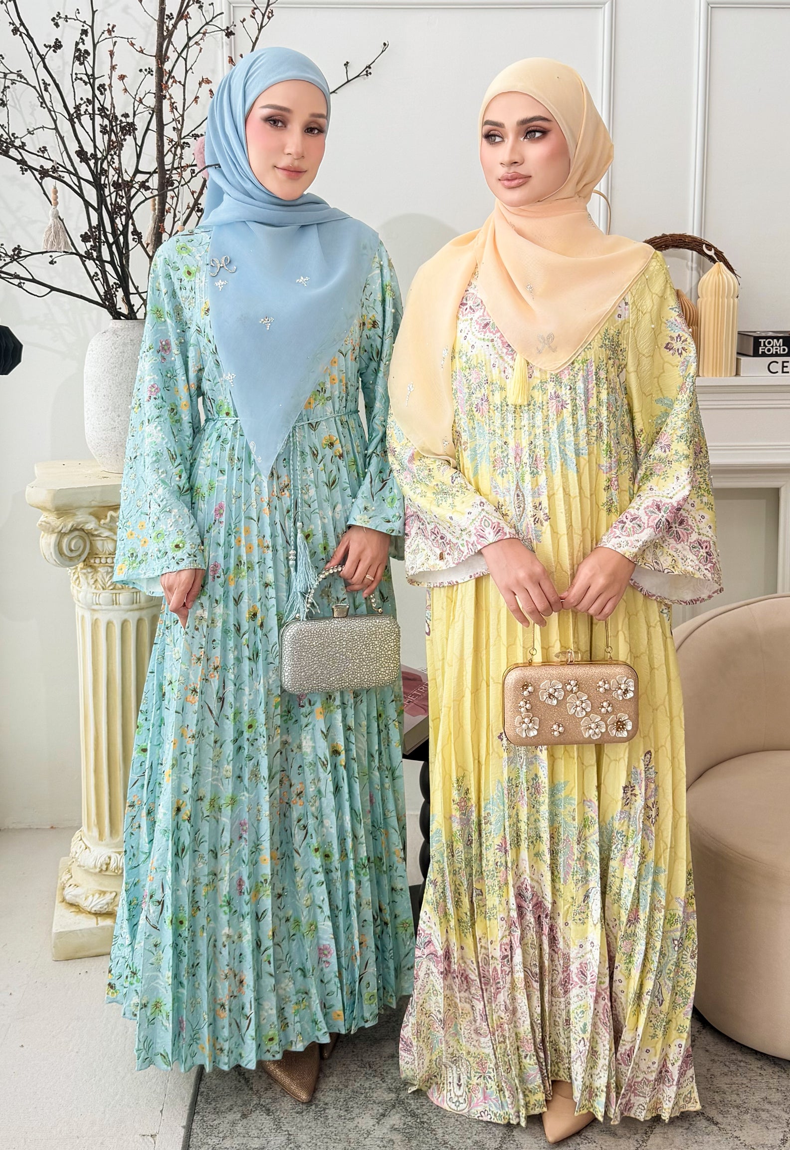 DANEEN JALABIYA PLEATED PRINTED - YELLOW