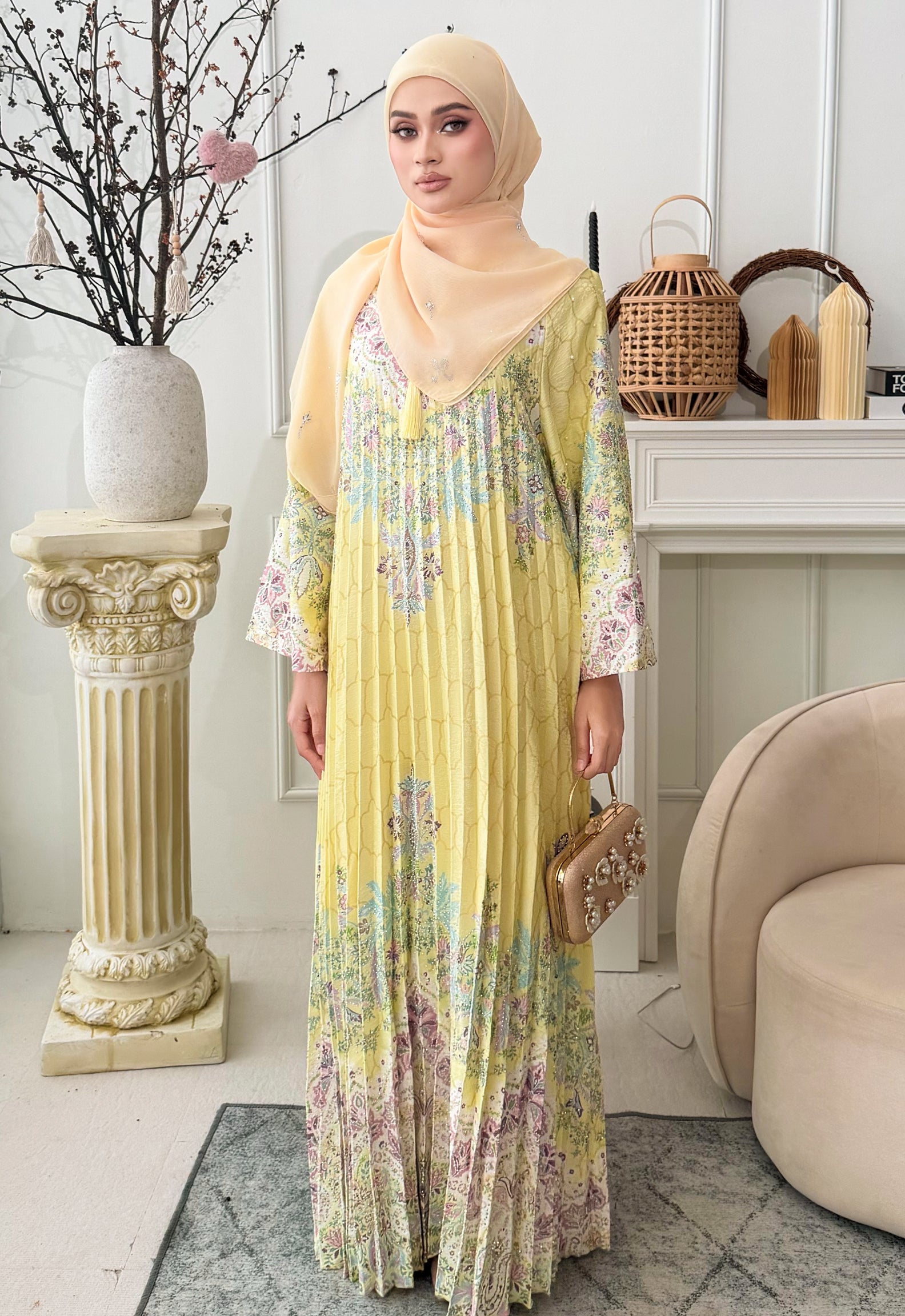 DANEEN JALABIYA PLEATED PRINTED - YELLOW