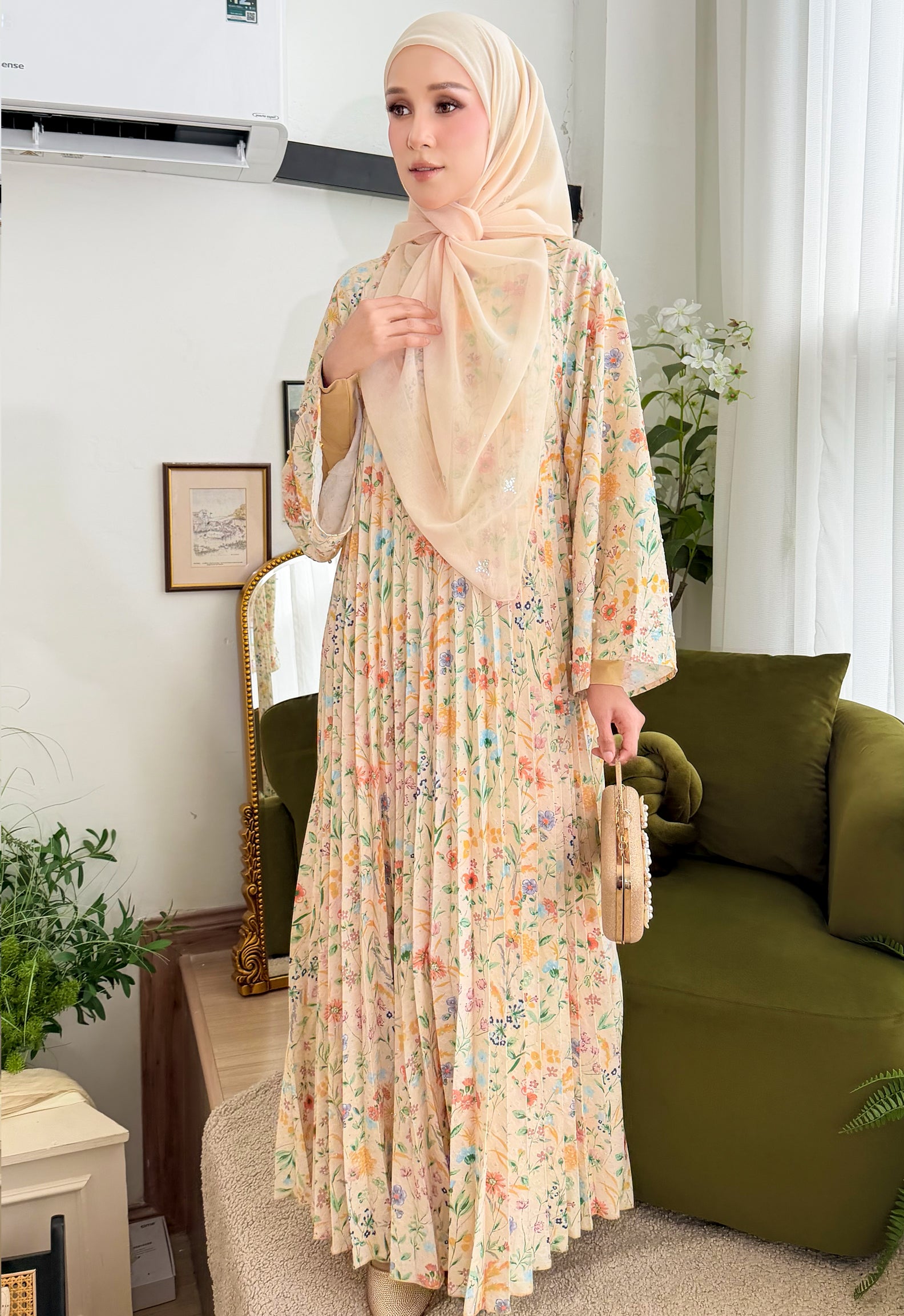JASMINE JALABIYA PLEATED PRINTED - YELLOW