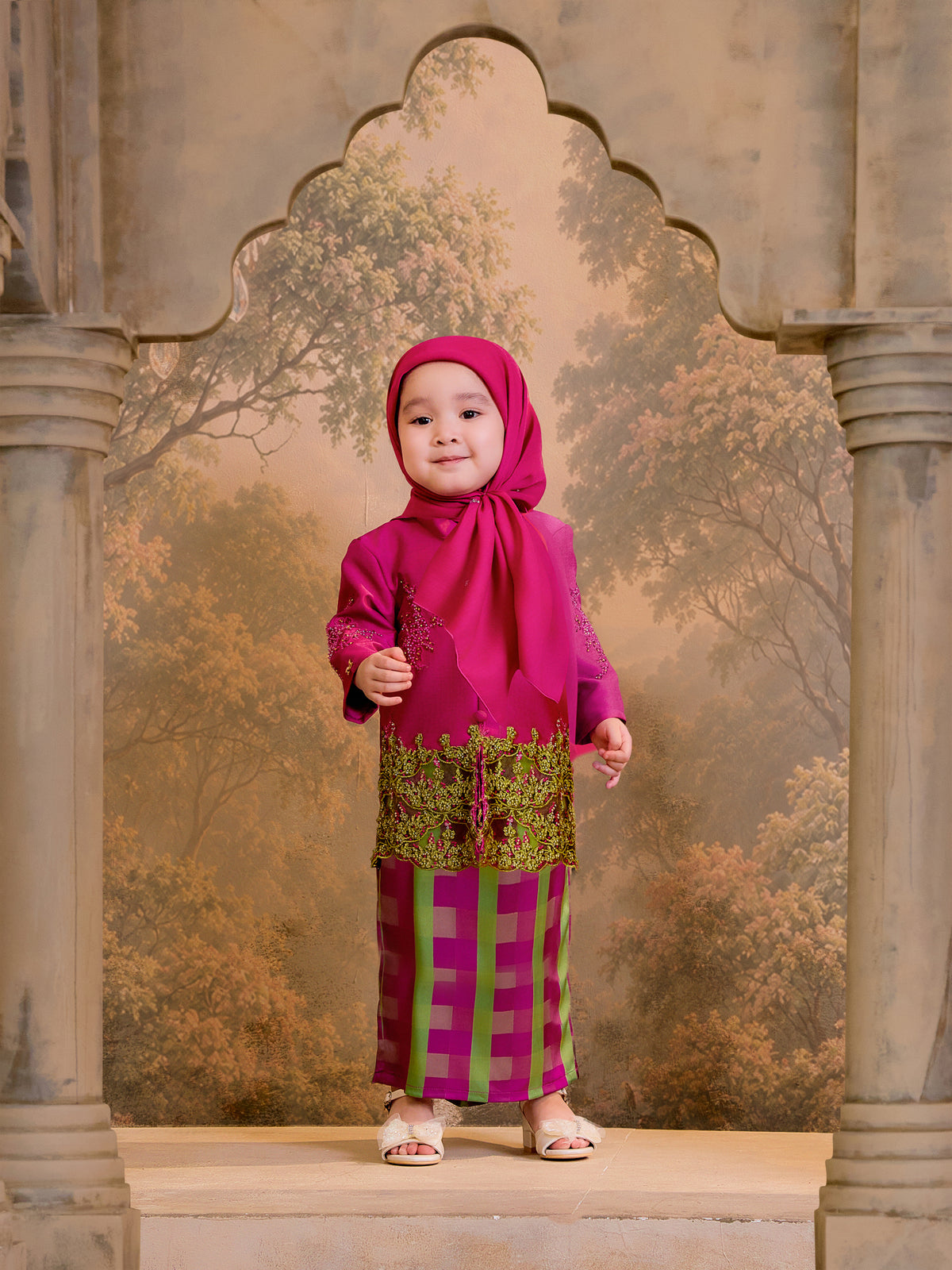 NILAM SERIES | NILAM LACEY KEBAYA KIDS - MATCHA MAGENTA