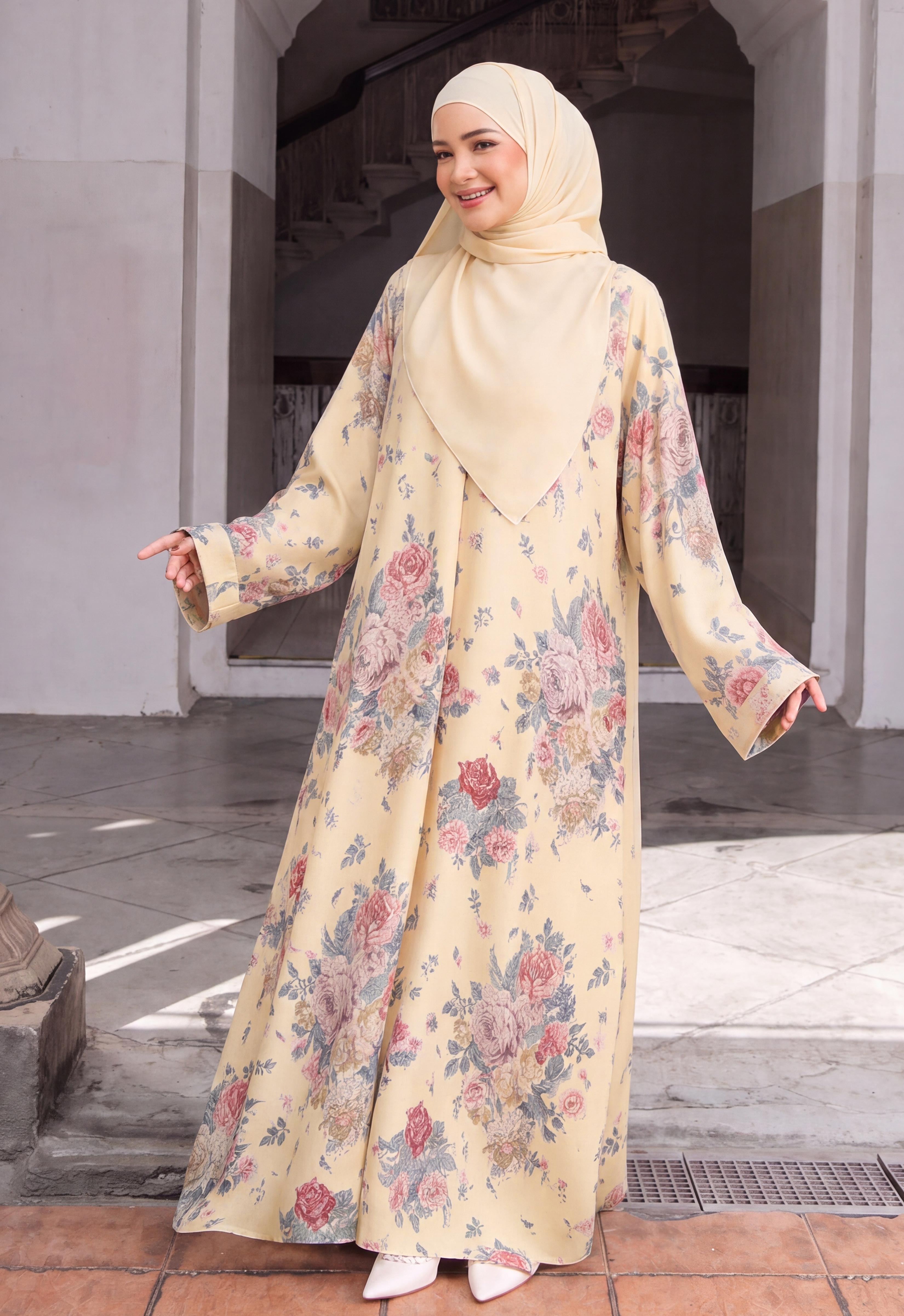 MINAZ JALABIYA | RUHI PRINTED JALABIYA - BUTTER YELLOW
