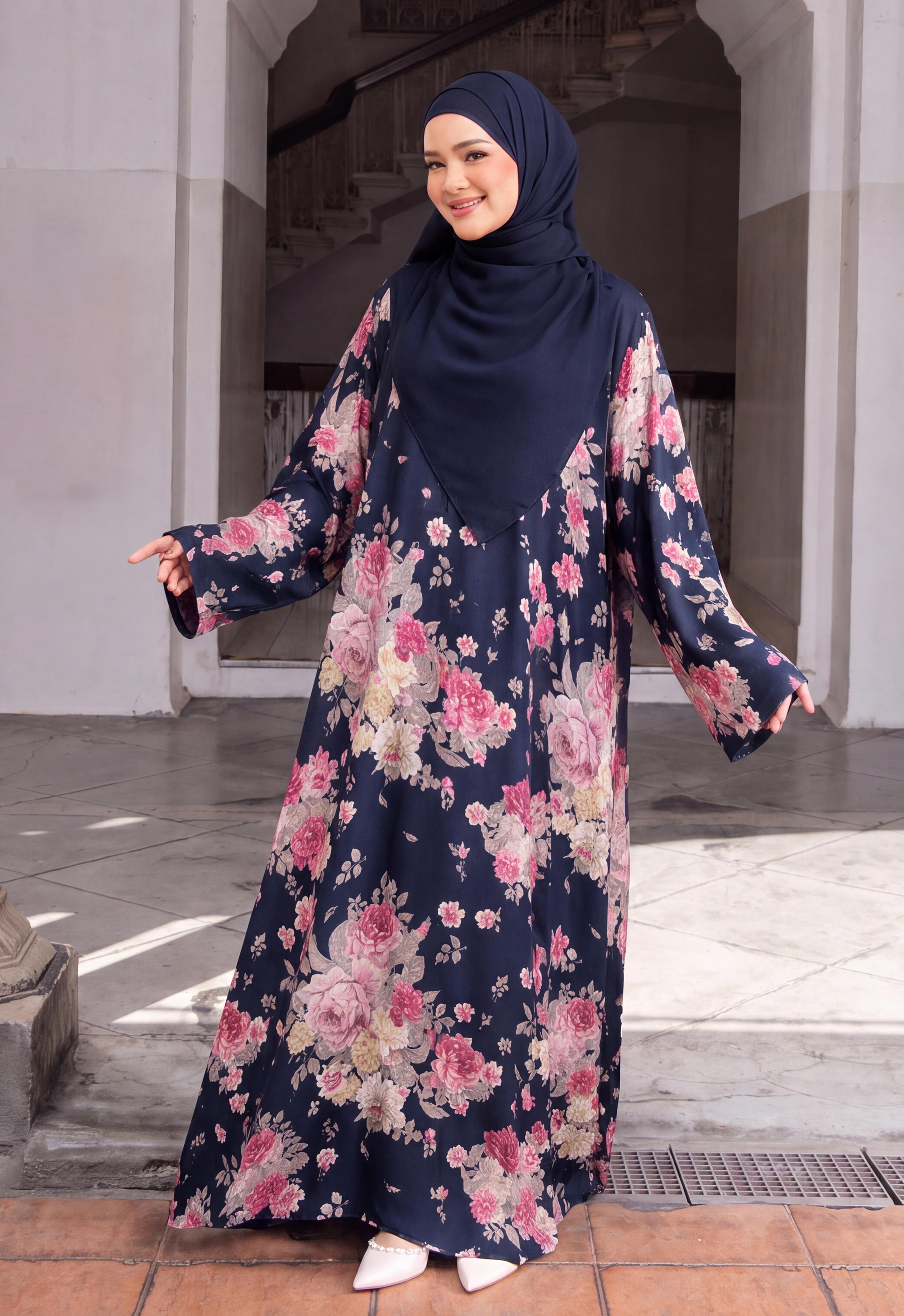 MINAZ JALABIYA | RUHI PRINTED JALABIYA - NAVY BLUE