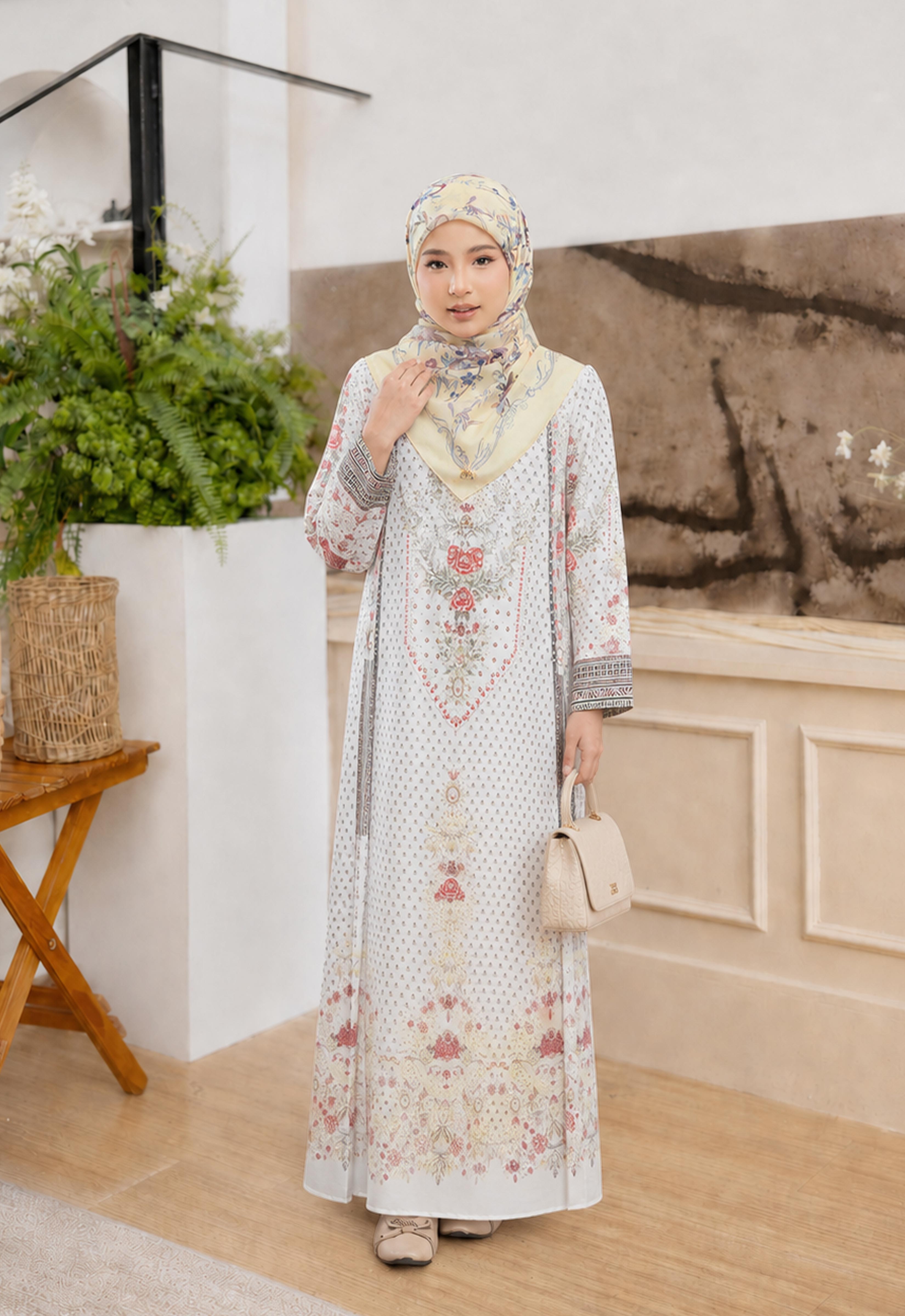 MINAZ ABAYA | KIDS TAALIA PRINTED JALABIYA - OFF WHITE GREEN