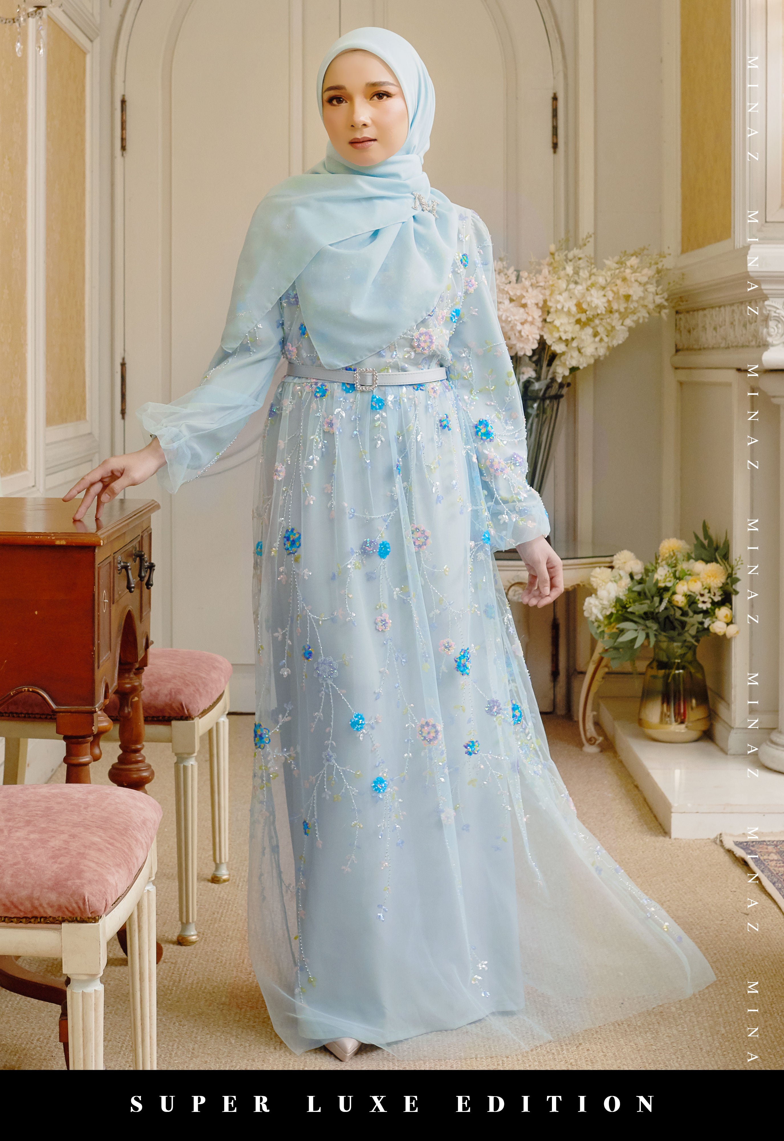 GAUN MAWAR SUPER LUXE - BIRU MUDA (AS-IS)