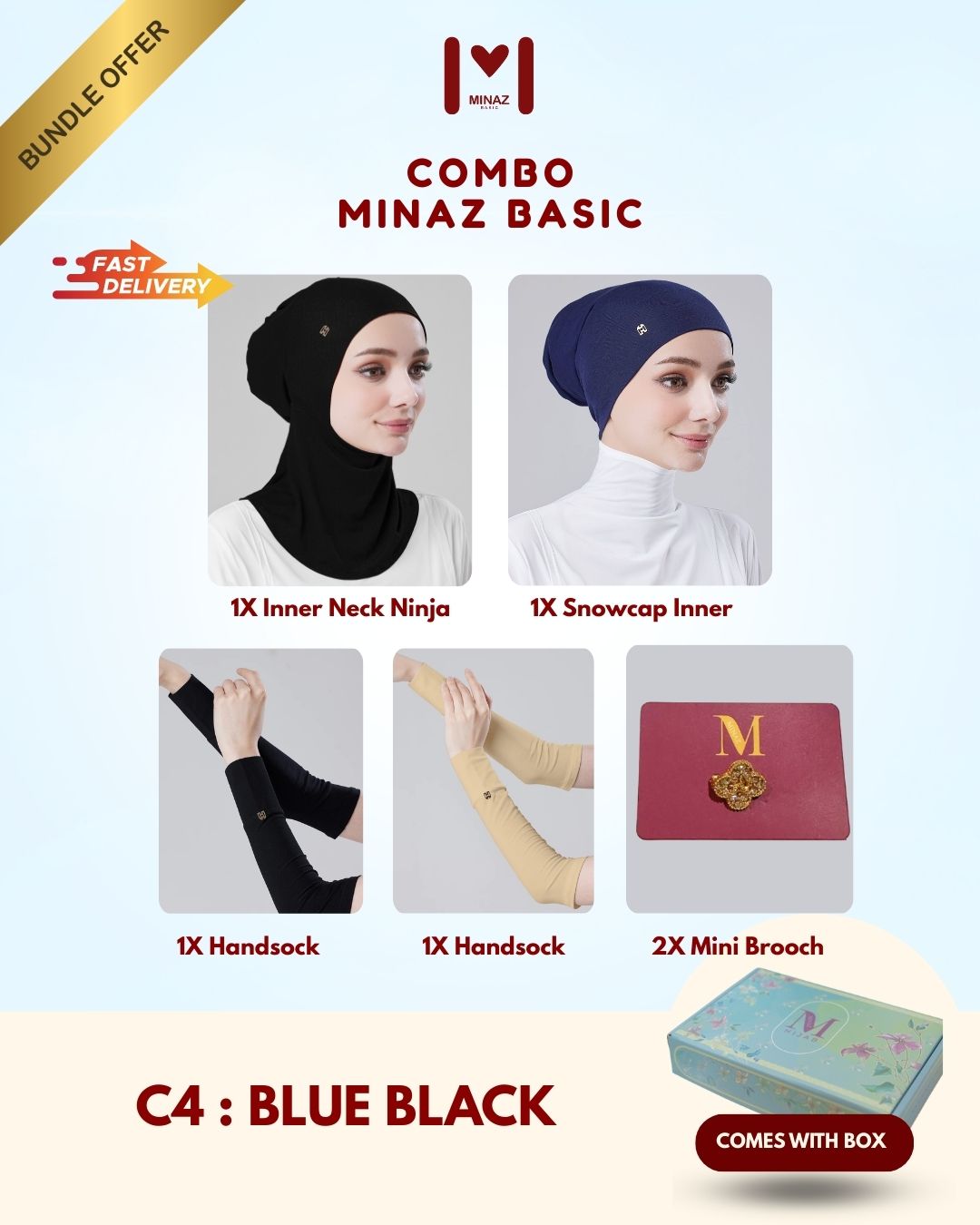 COMBO MINAZ BASIC | Tiara Snowcap, Tiara Innerneck Ninja, Nadi Handsock, Small Pin Brooch & Random Gift Box