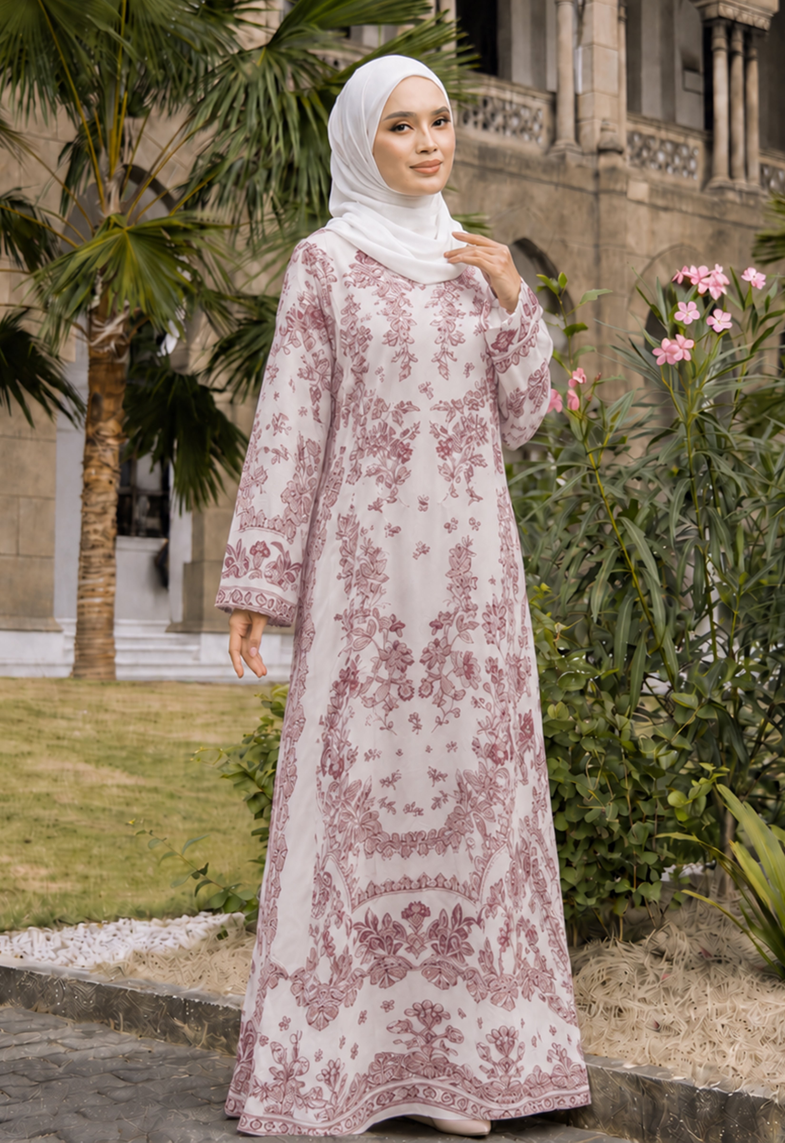 MINAZ JALABIYA | ARISHA PRINTED JALABIYA - PINK WHITE