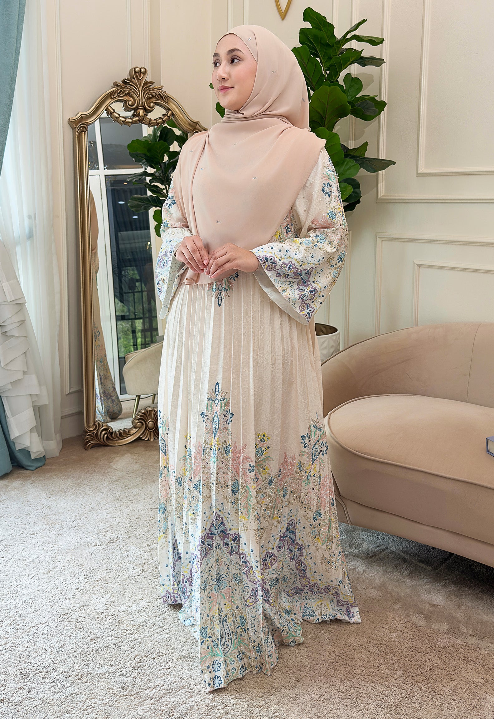 CAMILA JALABIYA PLEATED PRINTED - BEIGE BLUE
