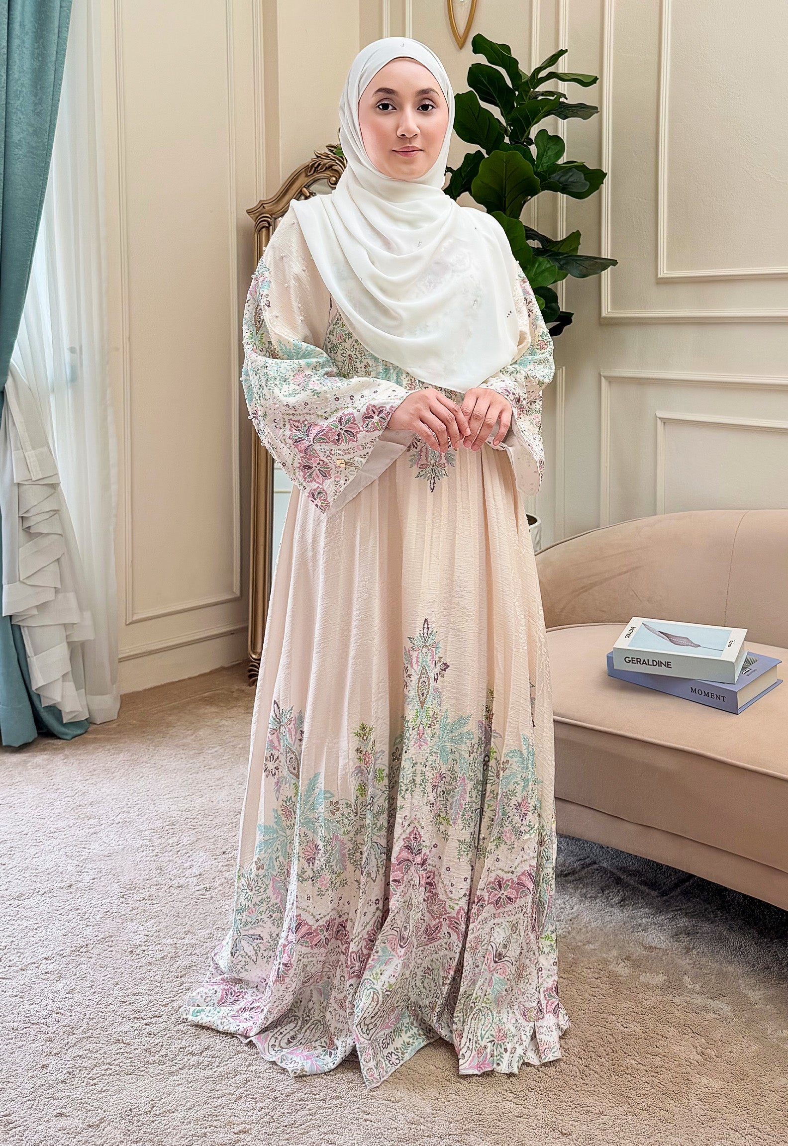 CAMILA JALABIYA PLEATED PRINTED - BEIGE PINK