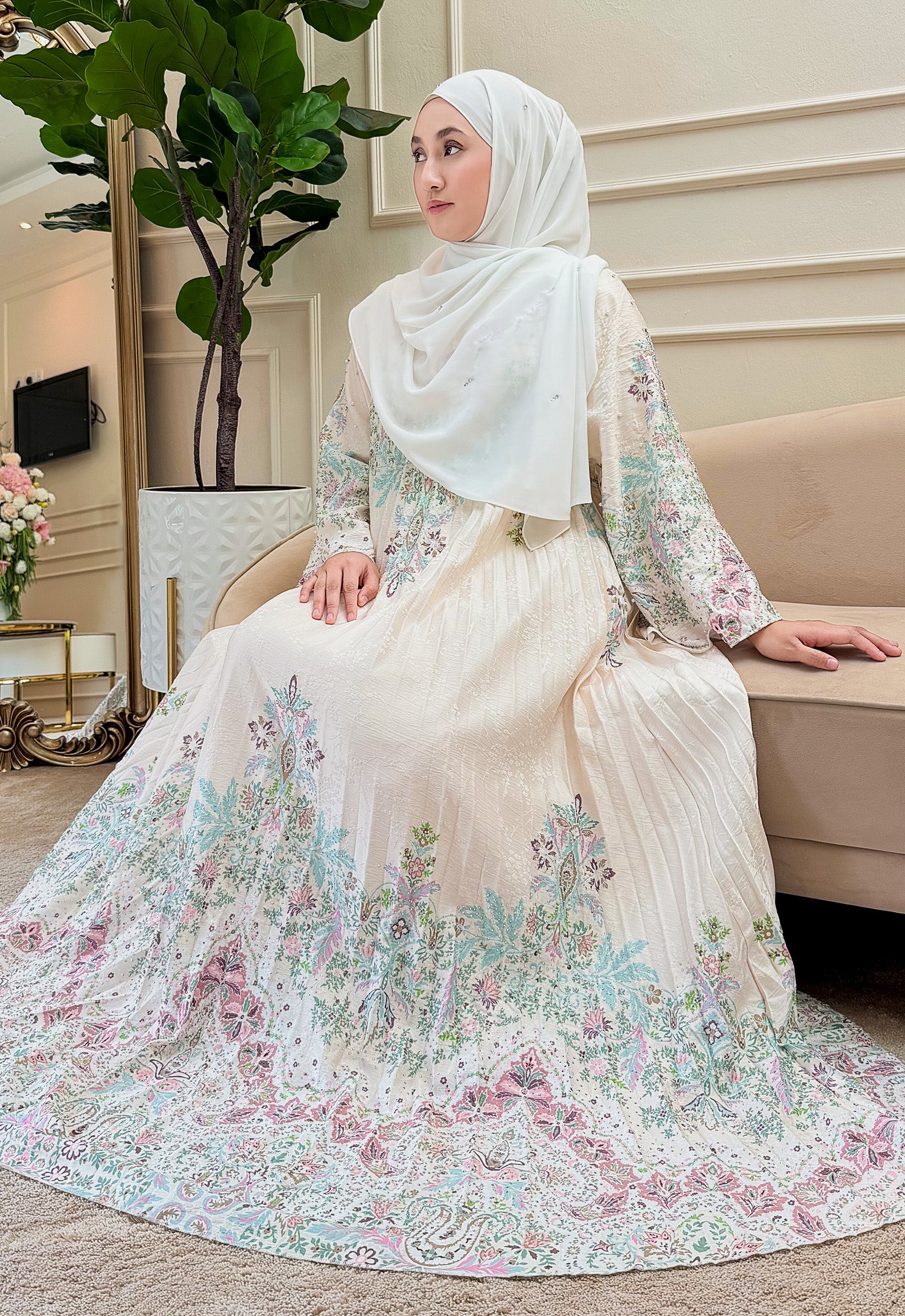 CAMILA JALABIYA PLEATED PRINTED - BEIGE PINK
