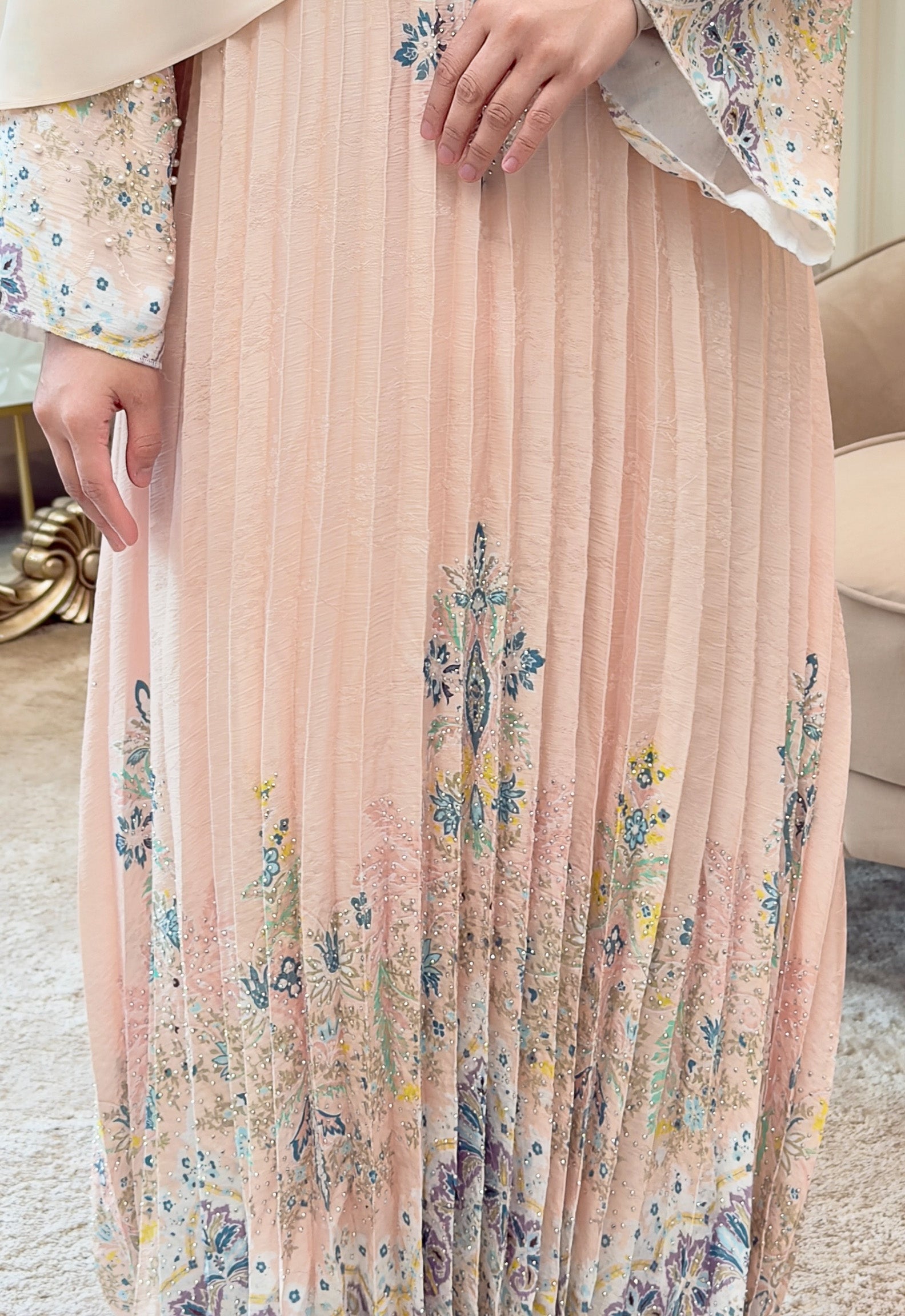 CAMILA JALABIYA PLEATED PRINTED - PEACHY