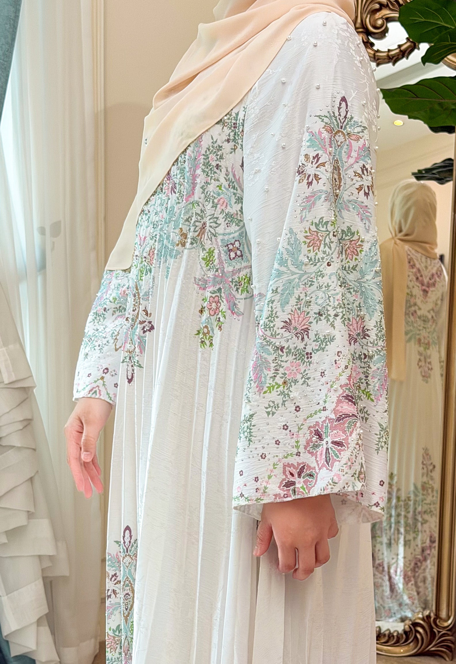 CAMILA JALABIYA PLEATED PRINTED - WHITE