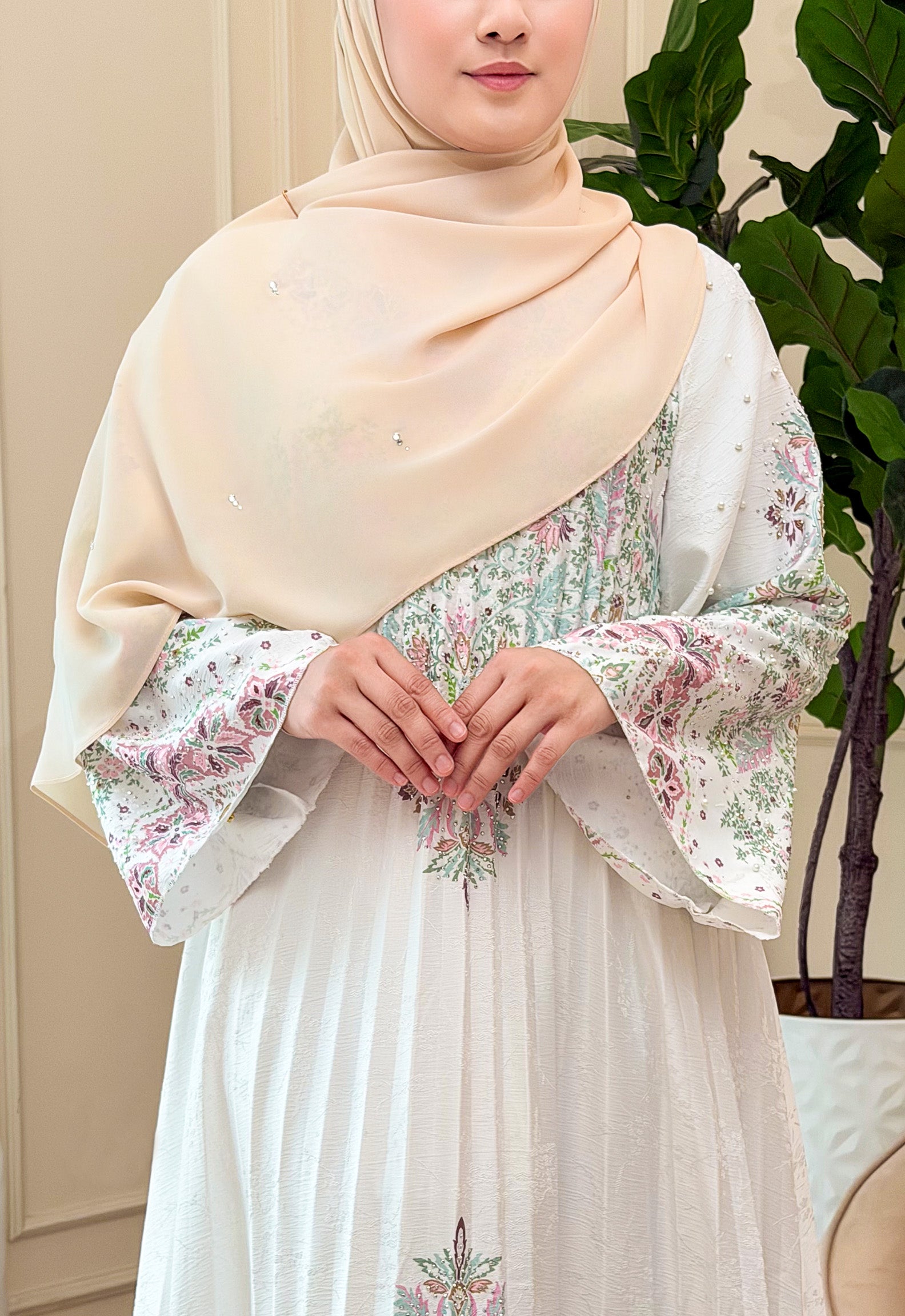 CAMILA JALABIYA PLEATED PRINTED - WHITE