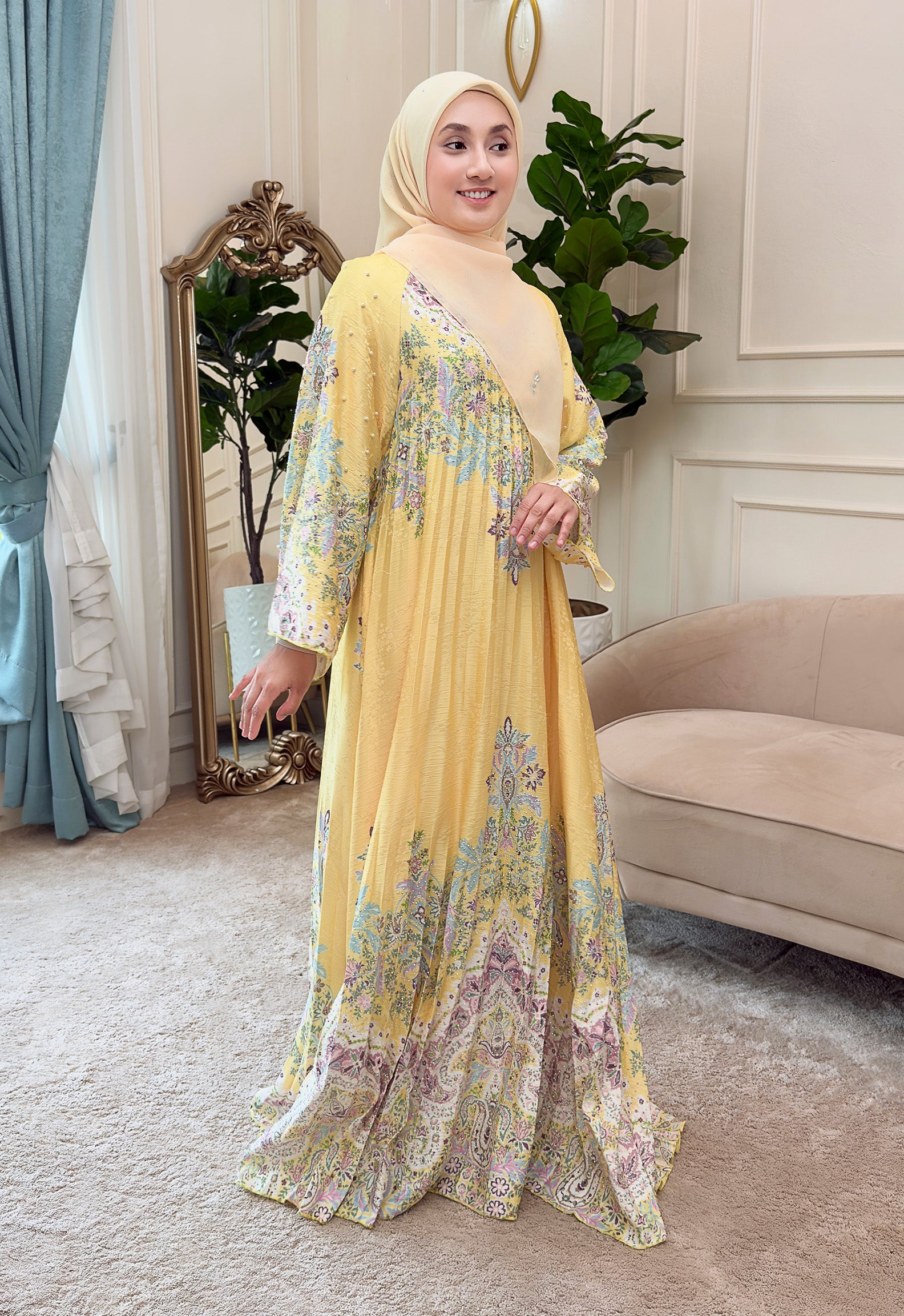 CAMILA JALABIYA PLEATED PRINTED - YELLOW