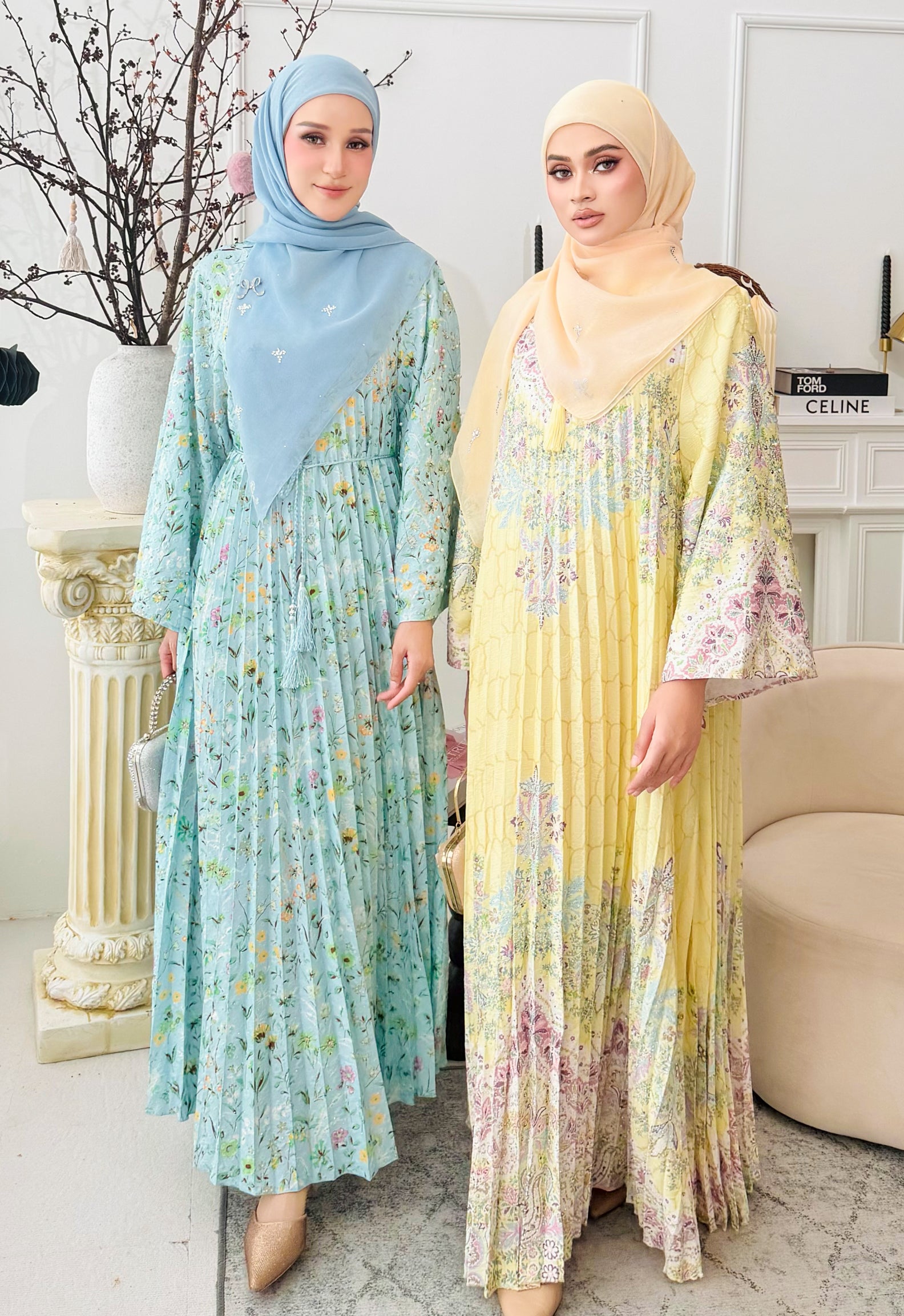 JASMINE  JALABIYA PLEATED PRINTED - BLUE