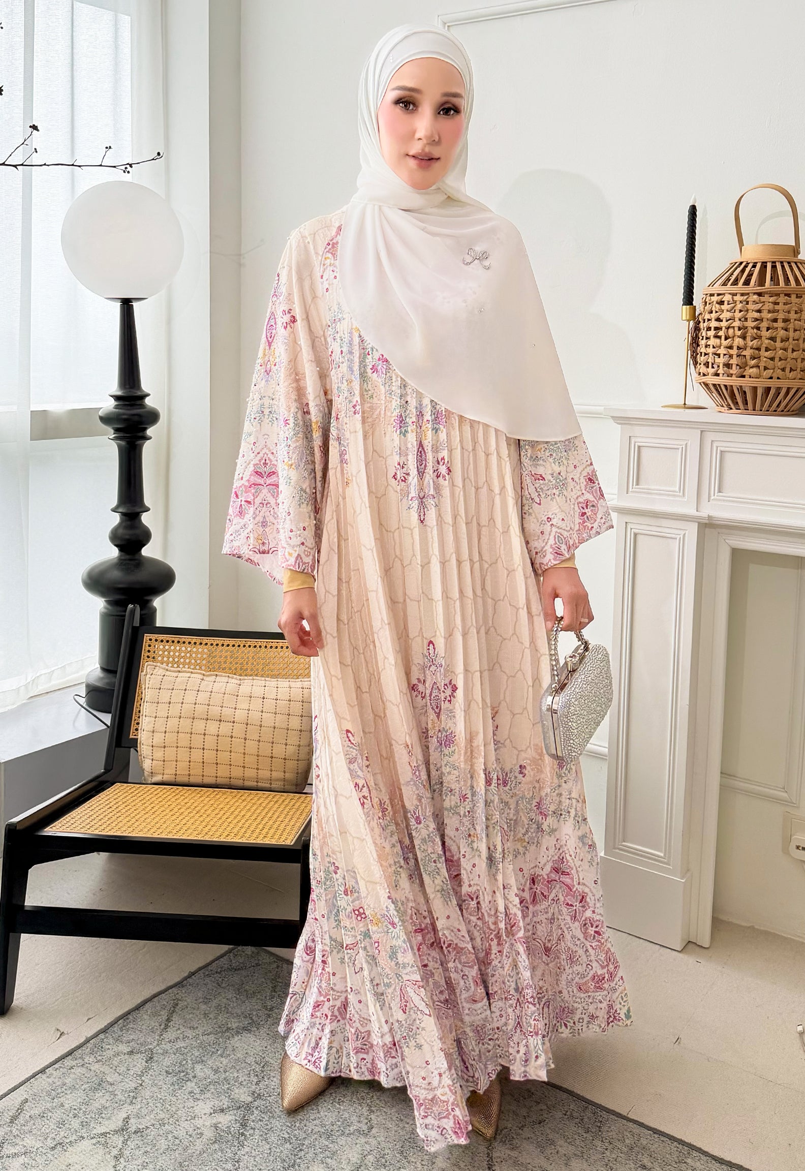 DANEEN JALABIYA PLEATED PRINTED - BEIGE