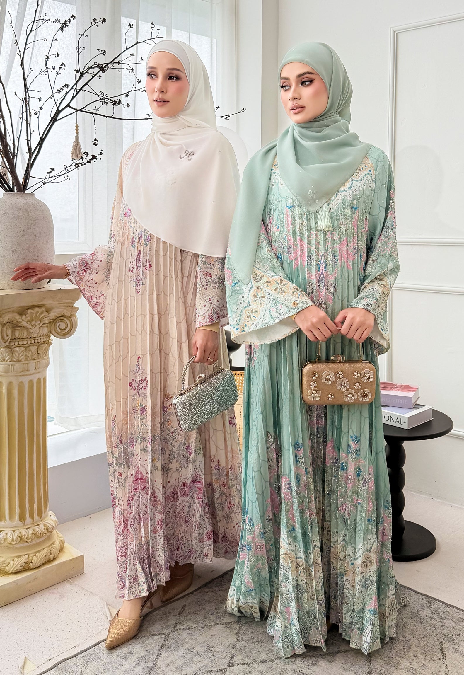 DANEEN JALABIYA PLEATED PRINTED - BEIGE