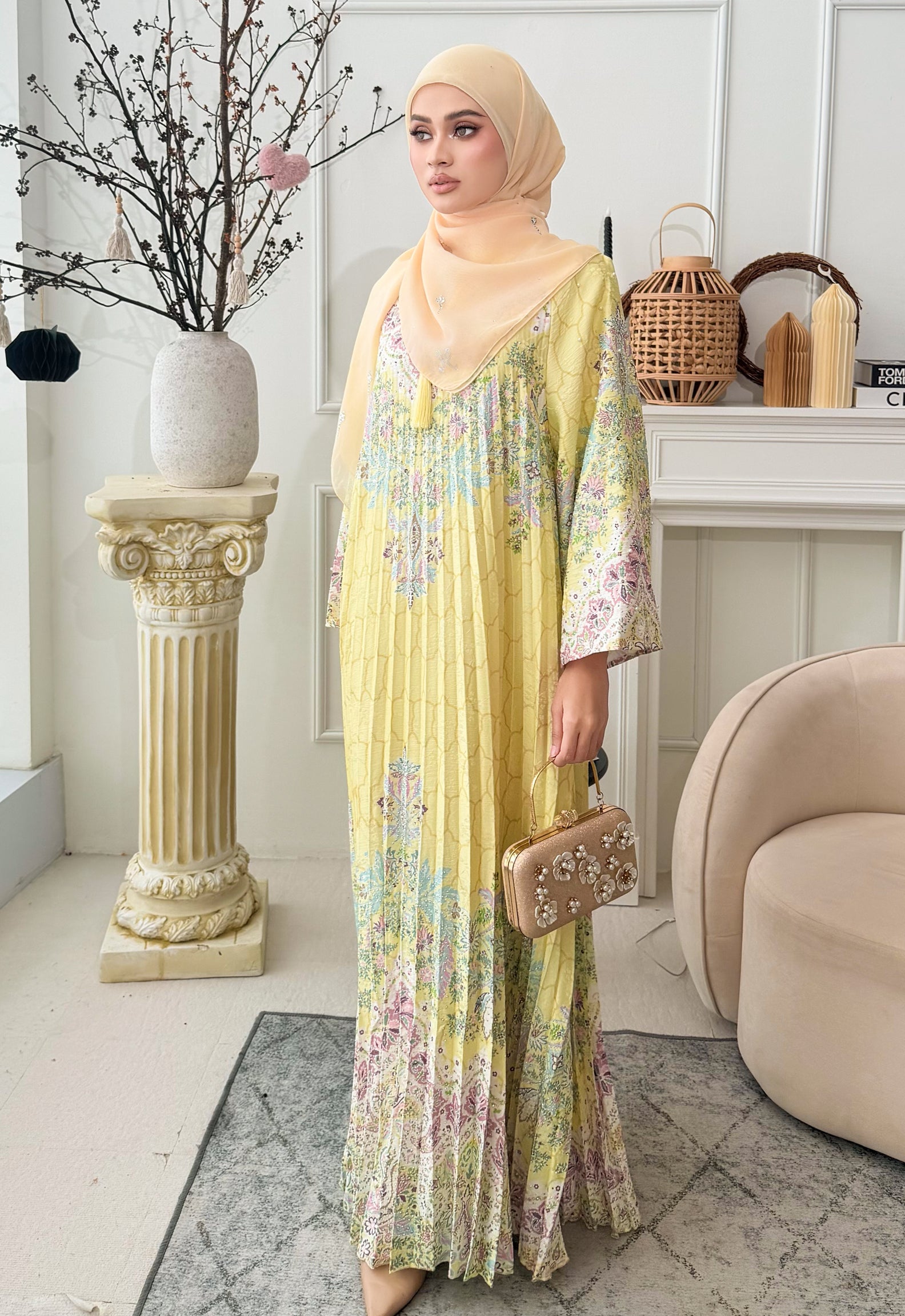 DANEEN JALABIYA PLEATED PRINTED - YELLOW