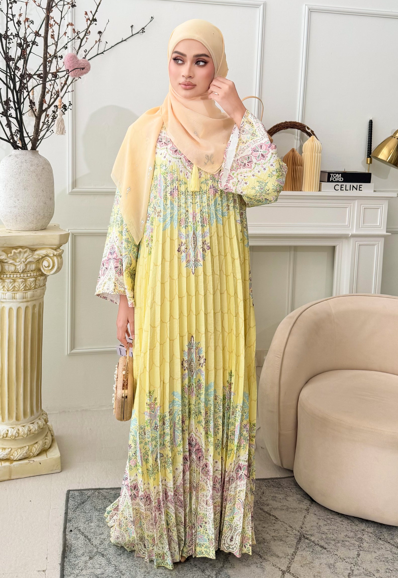 DANEEN JALABIYA PLEATED PRINTED - YELLOW