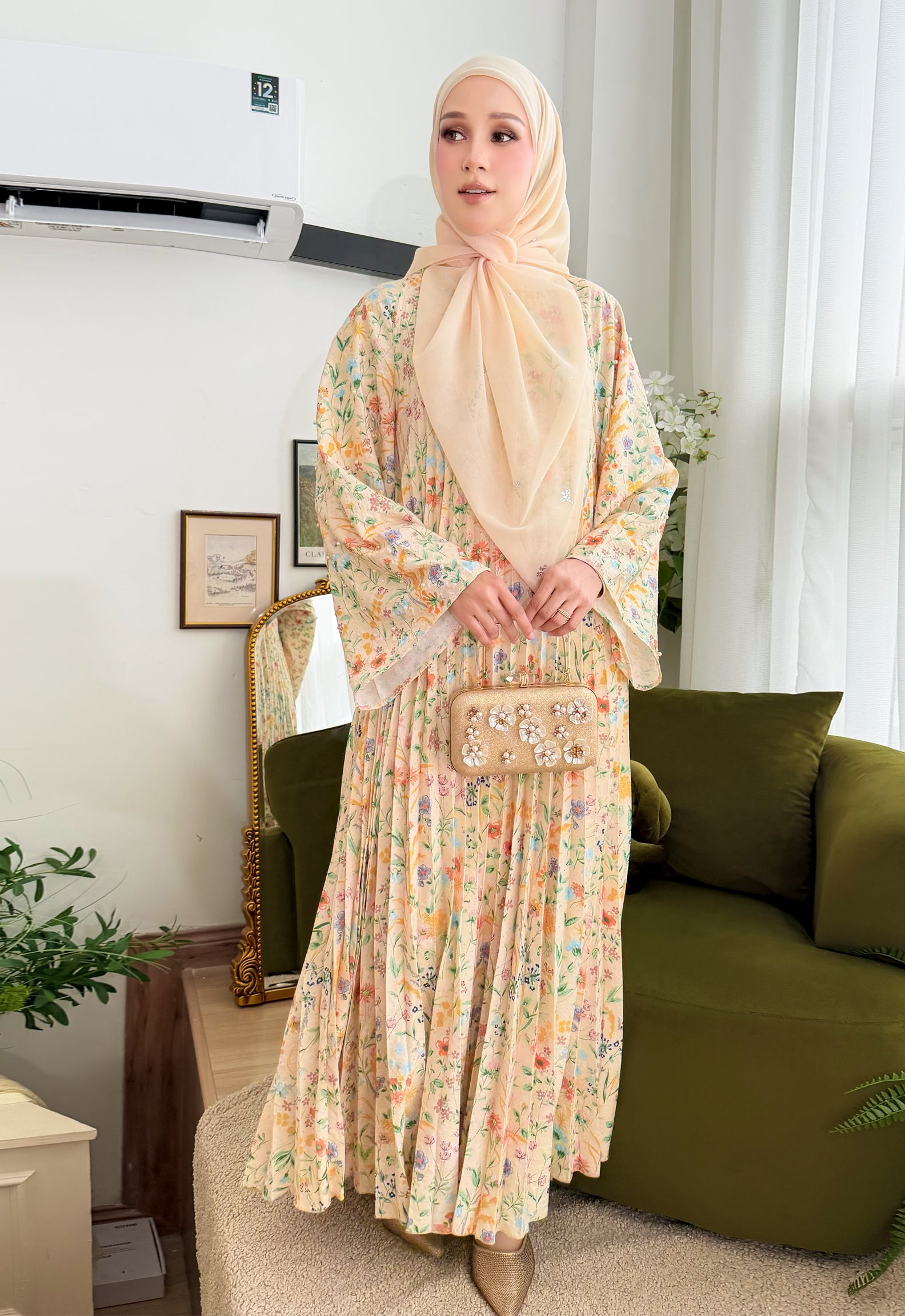 JASMINE  JALABIYA PLEATED  PRINTED - YELLOW