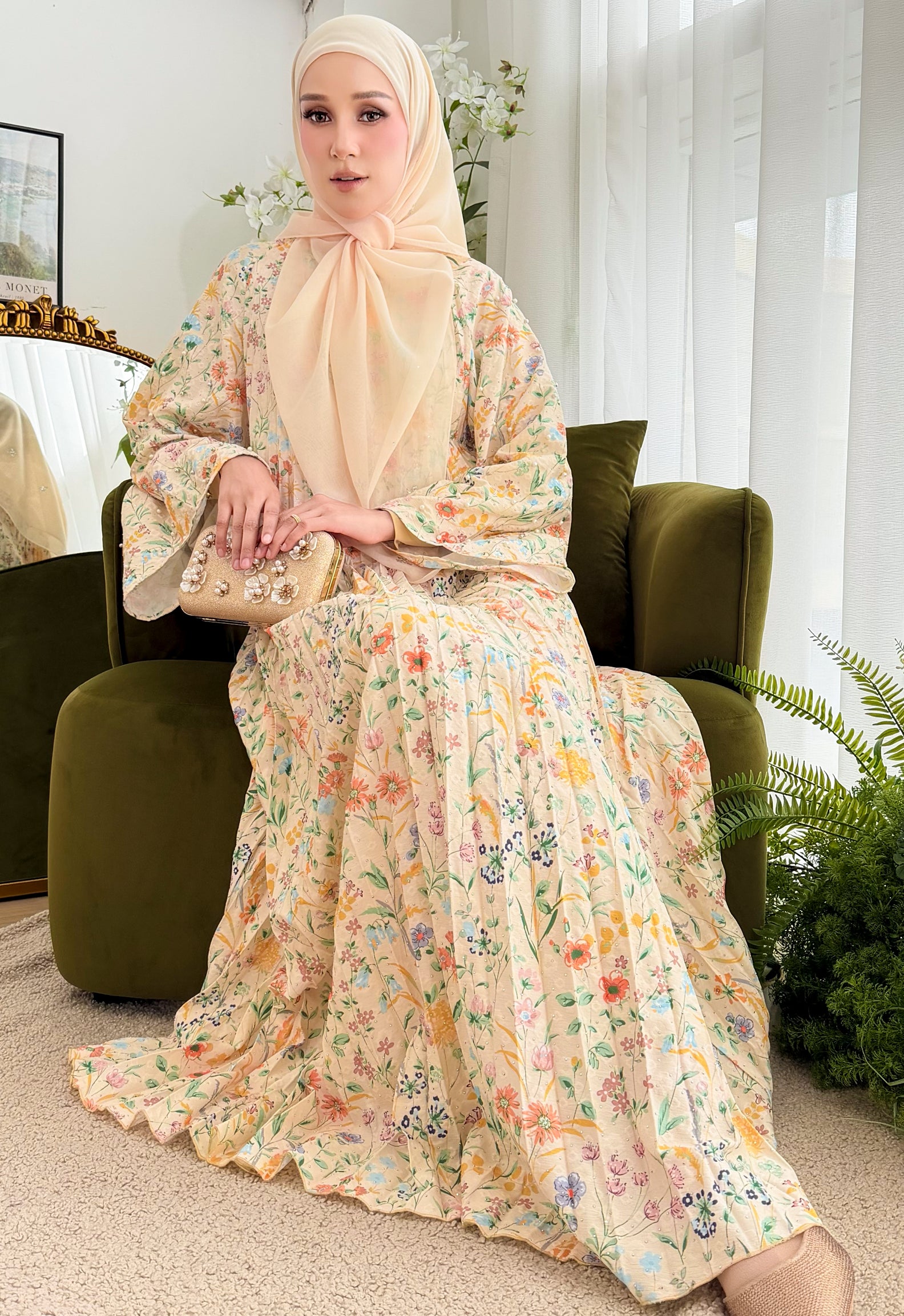 JASMINE  JALABIYA PLEATED  PRINTED - YELLOW