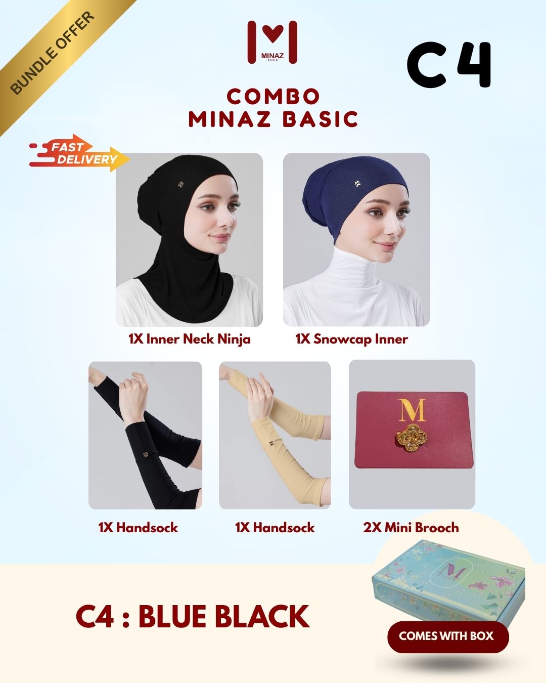 COMBO MINAZ BASIC | Tiara Snowcap, Tiara Innerneck Ninja, Nadi Handsock, Small Pin Brooch & Random Gift Box