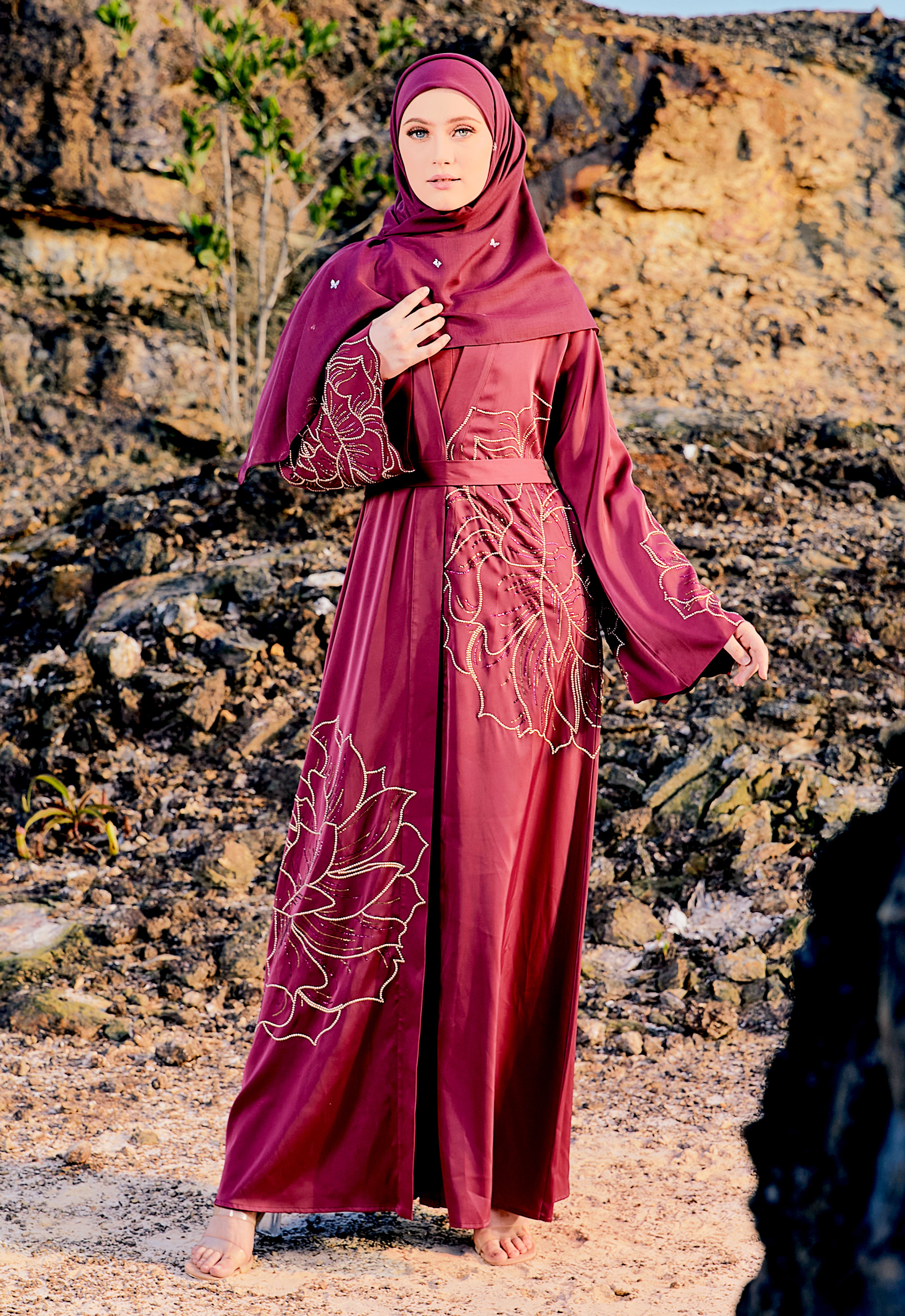 PEONY CARDIGAN ABAYA - BURGUNDY